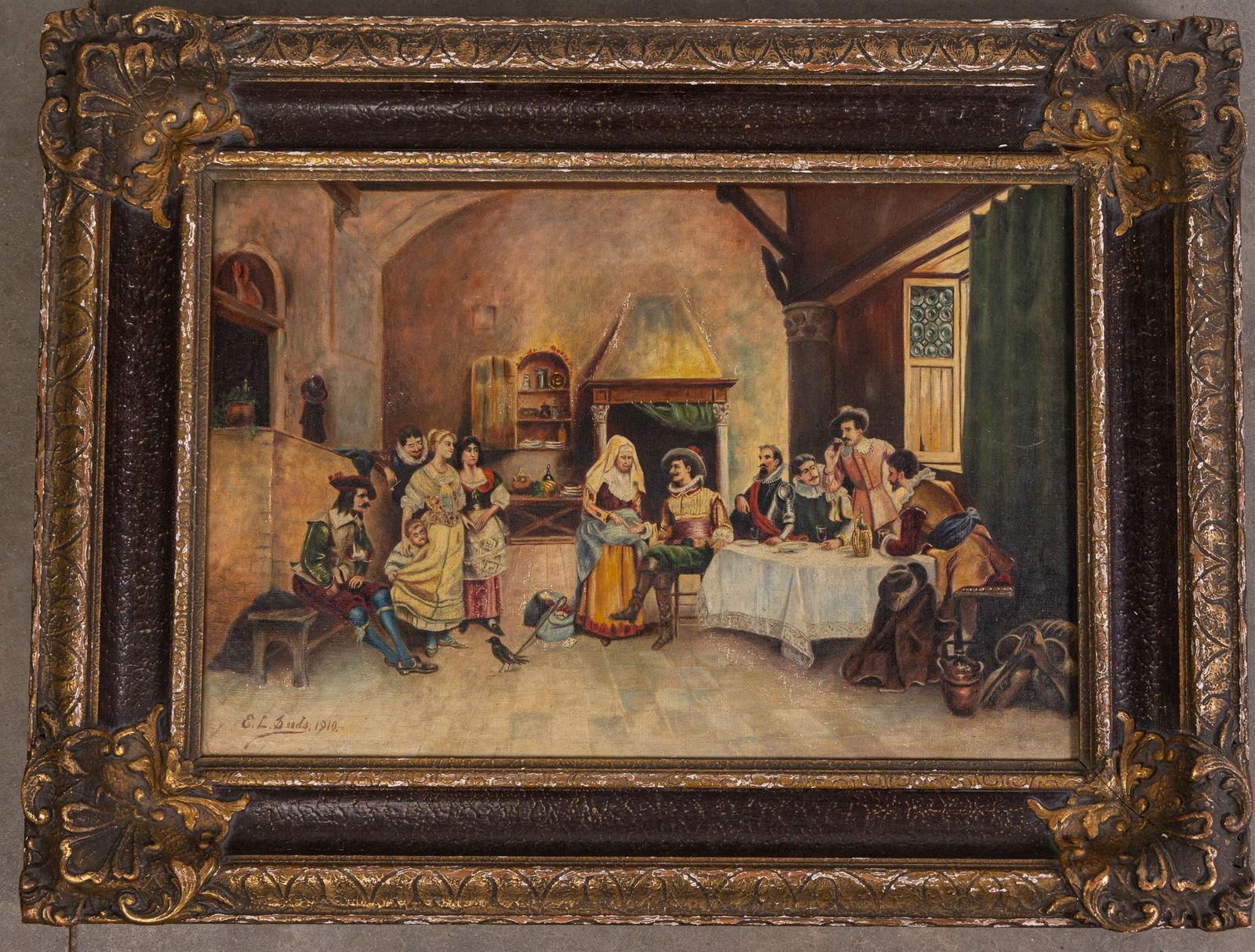 Antique Painting Depicting a 16th Century Scene, Signed E.L. Seeds, 1910 (1 of 3)