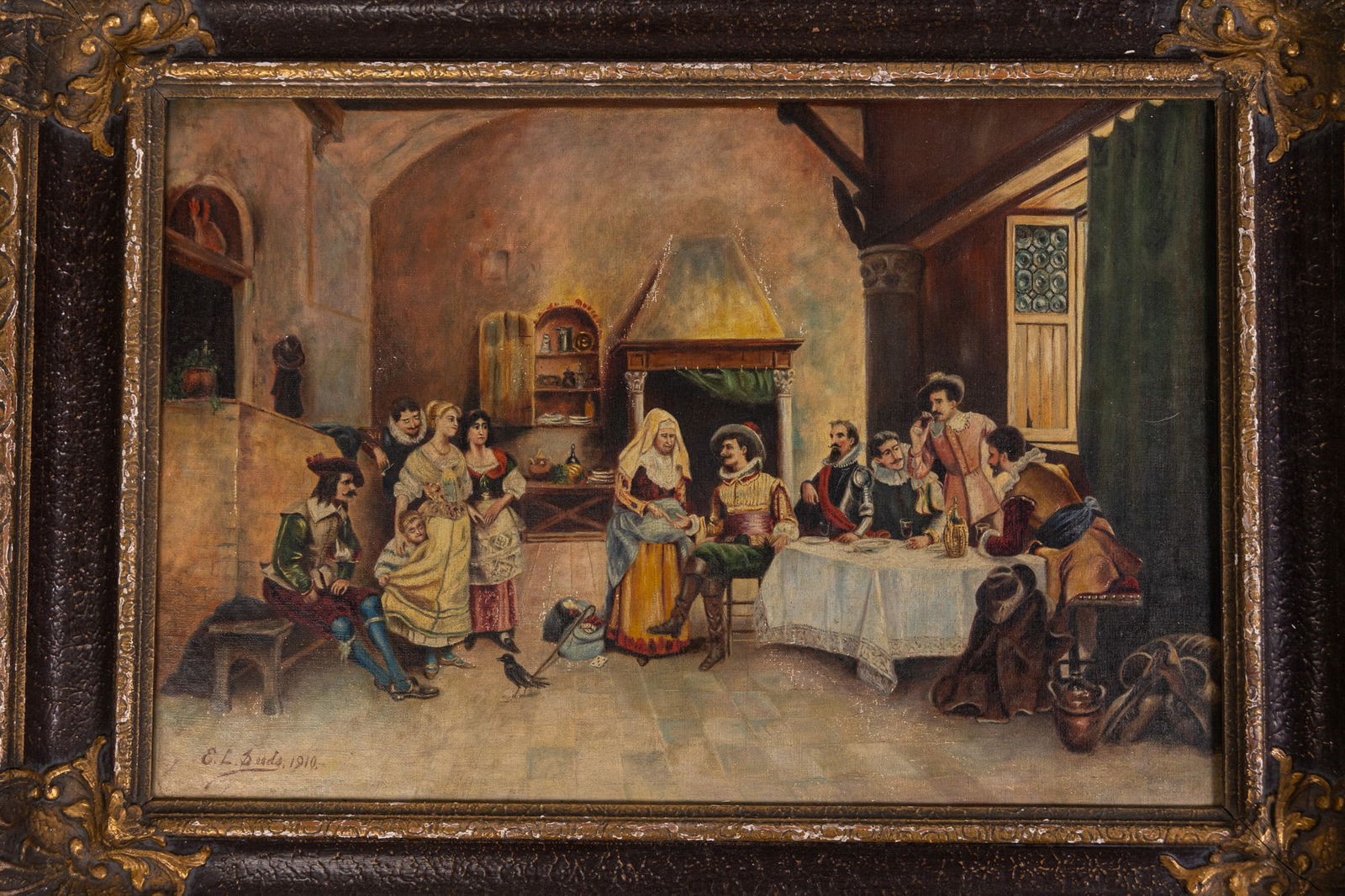 Antique Painting Depicting a 16th Century Scene, Signed E.L. Seeds, 1910 - 3