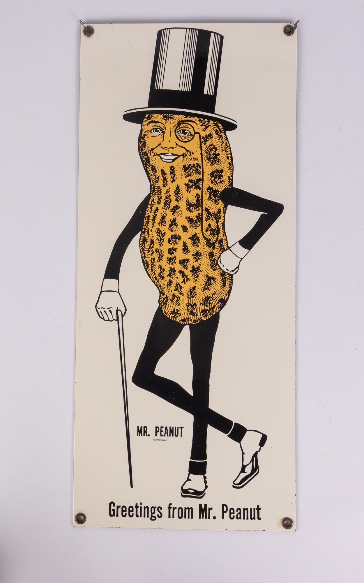 Mr. Peanut "Greetings from Mr. Peanut" Vintage 1993 Porcelain Sign: Mr. Peanut "Greetings from Mr. Peanut" Vintage 1993 Porcelain SignSize16" x 7"LiteratureBrooks Auction – Online Auction Terms & Conditions Contact: (856) 694-2960 | info@brooks.auction READ