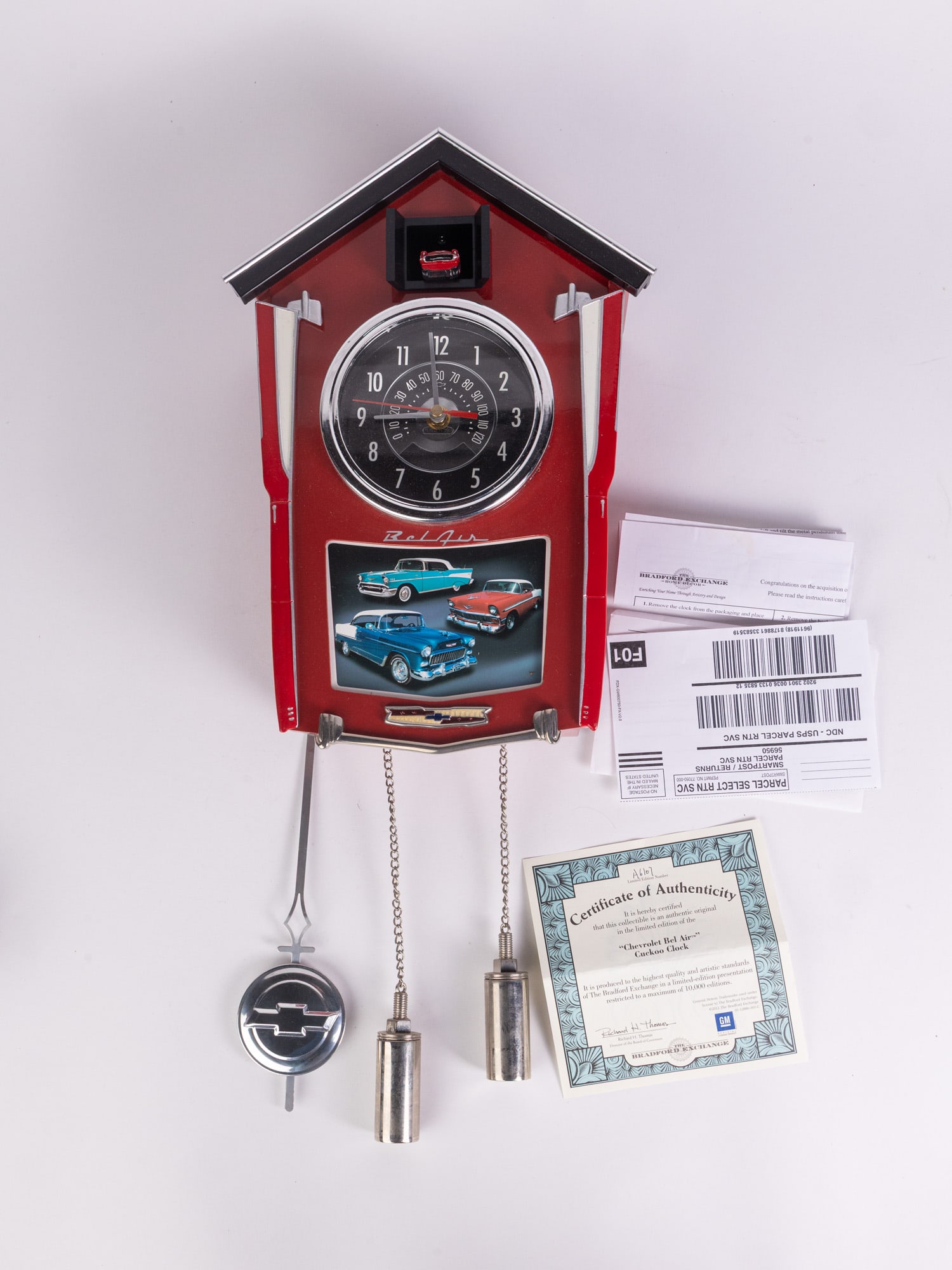 Bradford Exchange Chevrolet Bel Air Cuckoo Clock: Bradford Exchange Chevrolet Bel Air Cuckoo ClockSize14" x 10" x 4"LiteratureBrooks Auction – Online Auction Terms & Conditions Contact: (856) 694-2960 | info@brooks.auction READ BEFORE YOU BID: