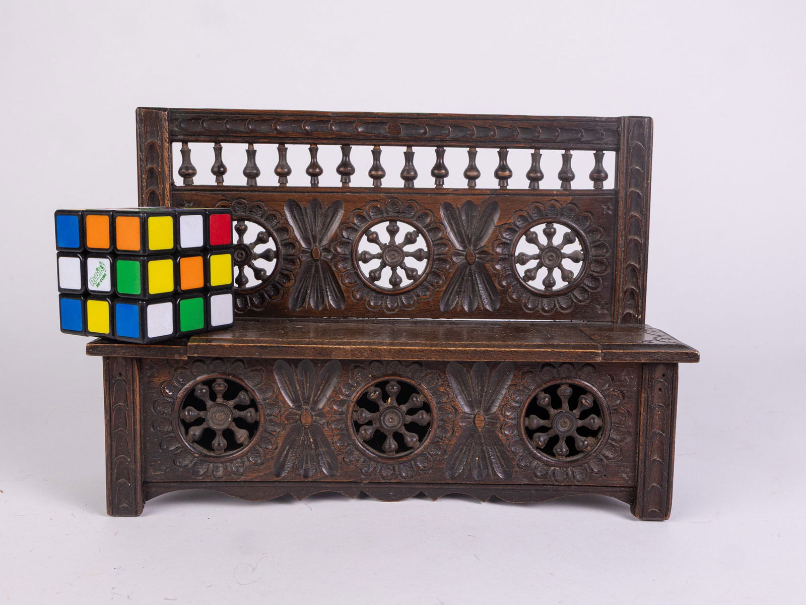 Intricately Carved Vintage Wooden Doll Sized Bench - 2