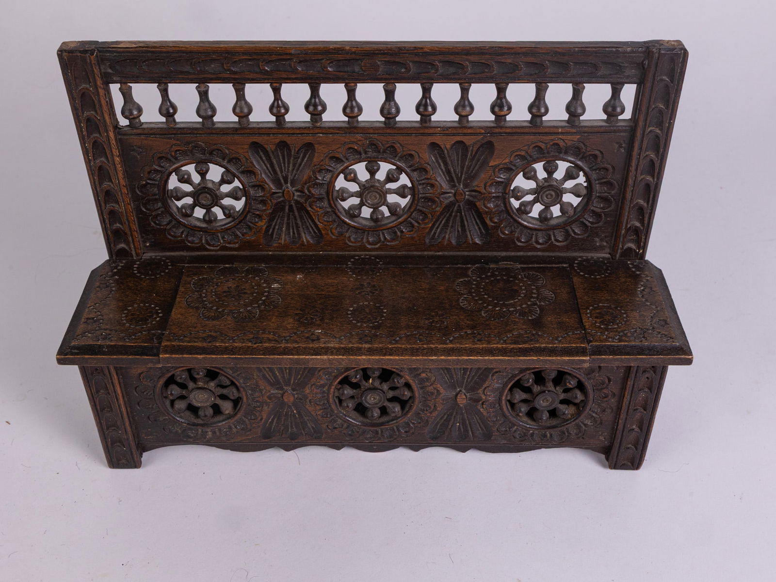 Intricately Carved Vintage Wooden Doll Sized Bench - 3