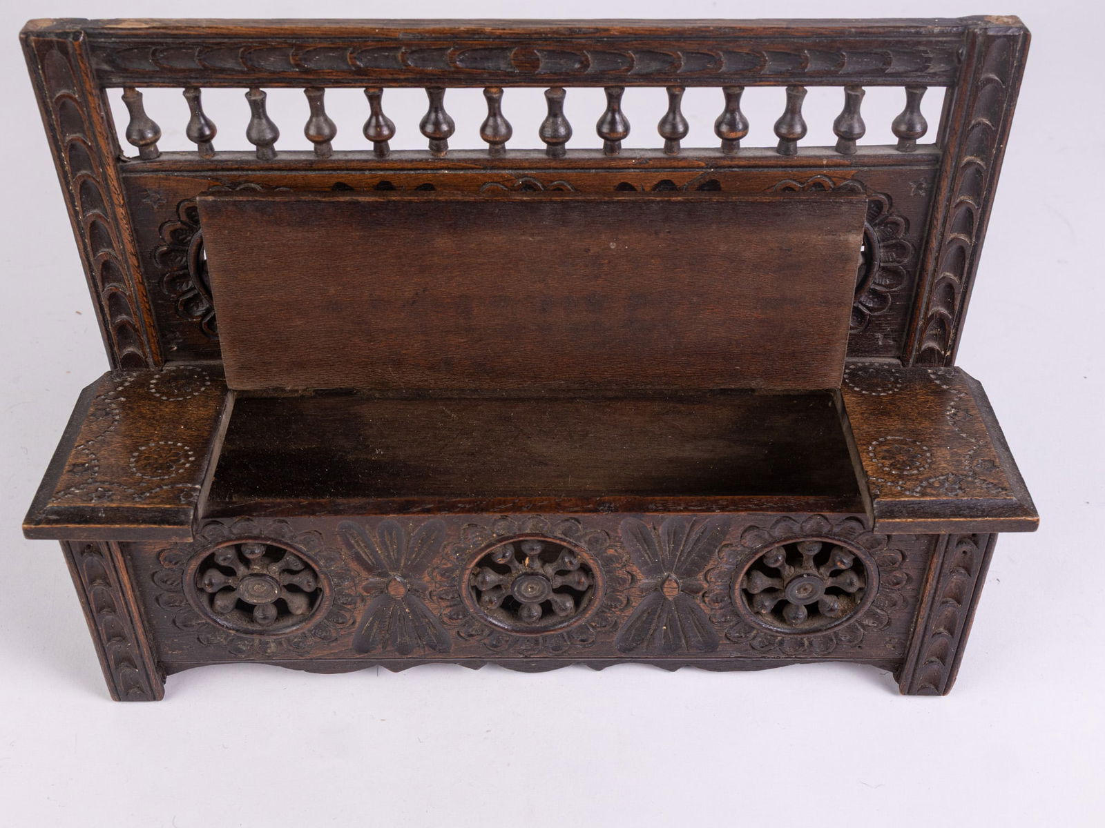 Intricately Carved Vintage Wooden Doll Sized Bench - 5