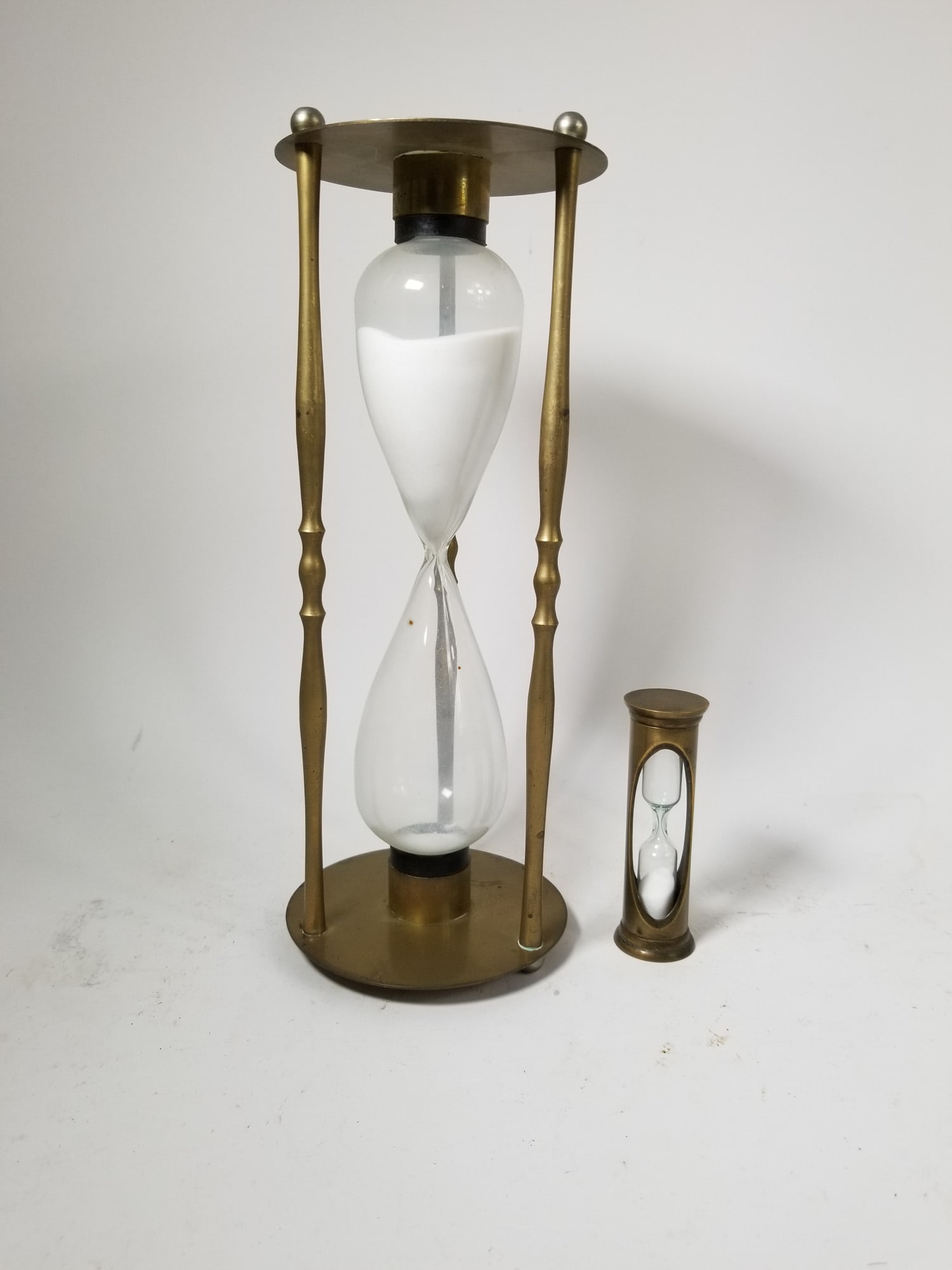 Pair of Glass & Brass Hourglasses w/ White Sand (1 of 3)