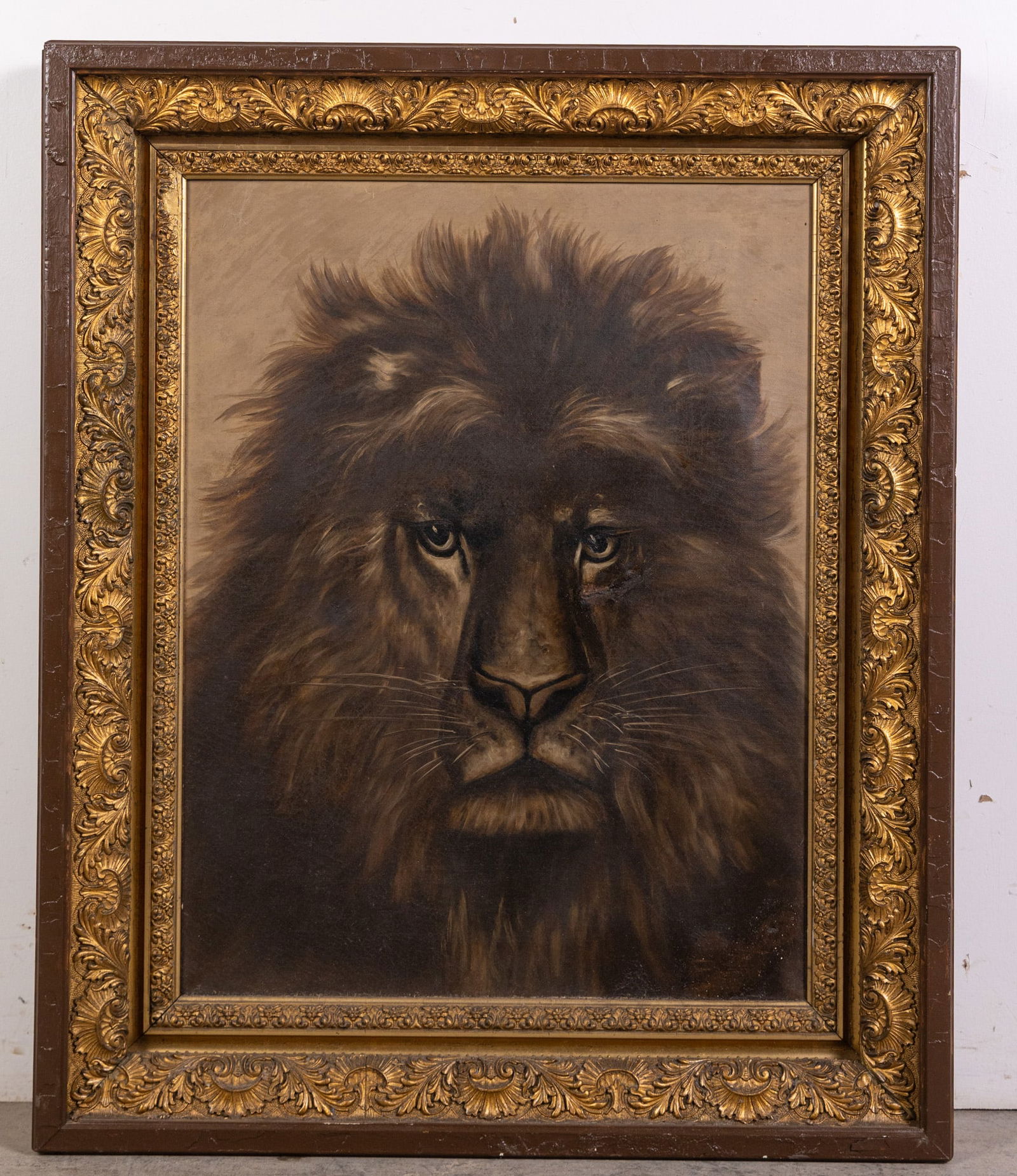 Vintage Lion Oil Painting in Ornate Gold Toned Frame (1 of 5)