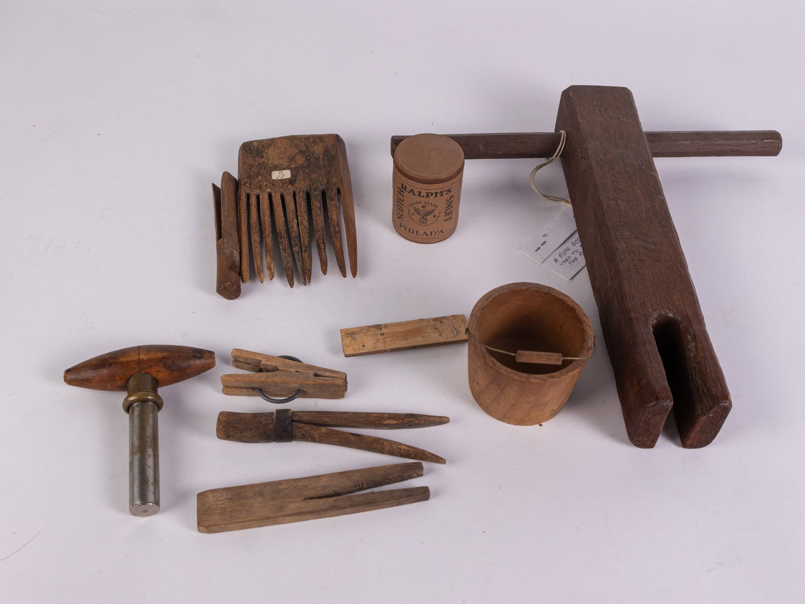 Grouping of Early Primitive Wood Articles ft. 18th c. Rope Bed Key & Sweet Grass Comb (1 of 5)