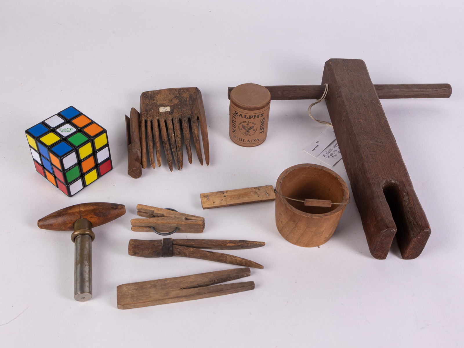 Grouping of Early Primitive Wood Articles ft. 18th c. Rope Bed Key & Sweet Grass Comb - 2