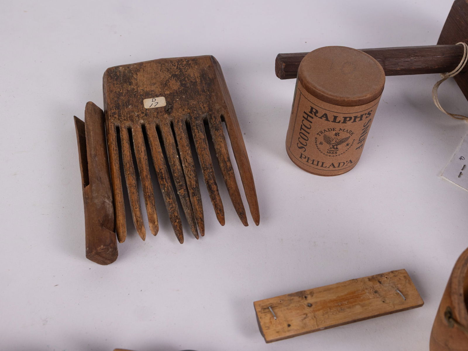 Grouping of Early Primitive Wood Articles ft. 18th c. Rope Bed Key & Sweet Grass Comb - 3