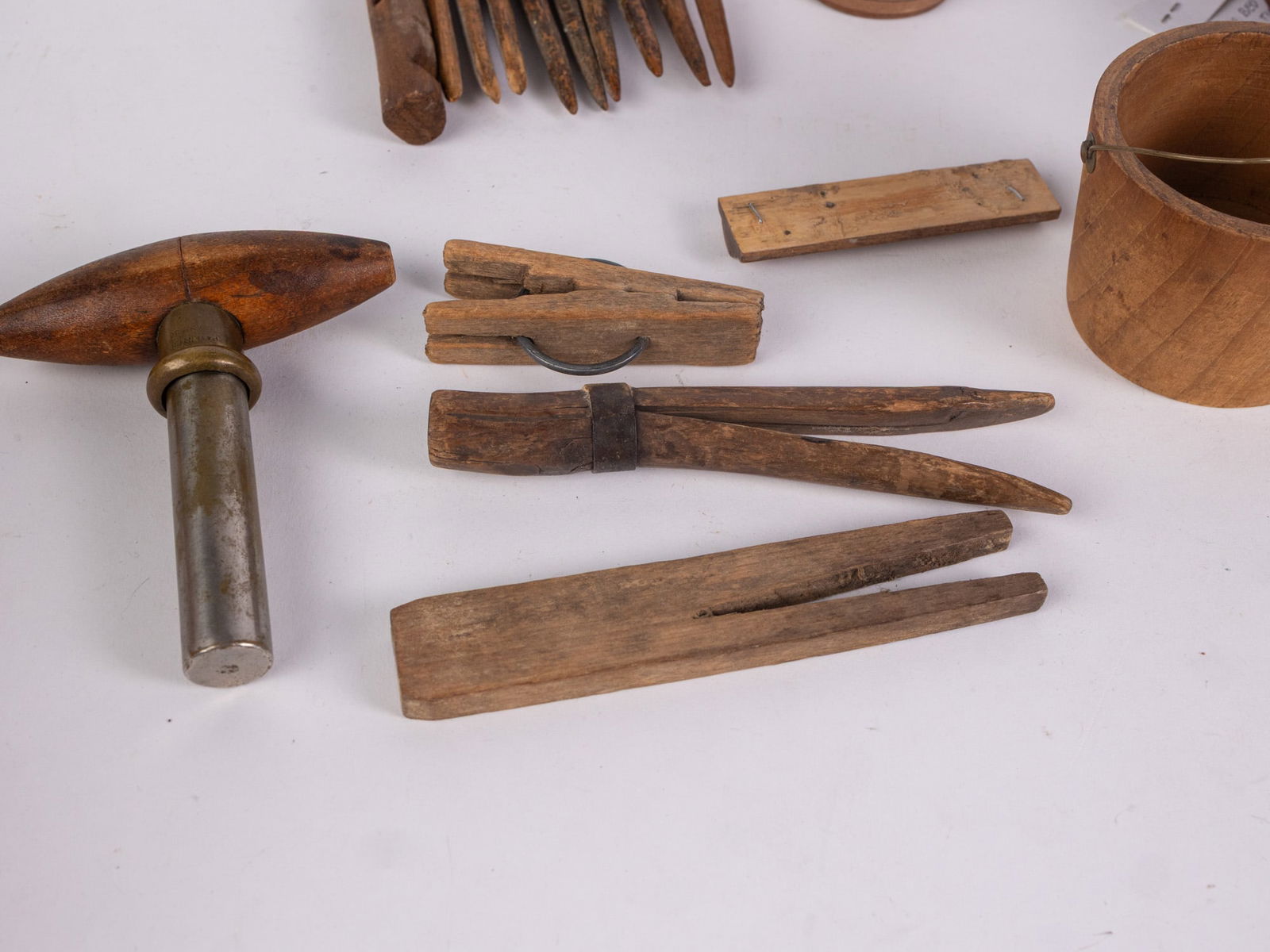 Grouping of Early Primitive Wood Articles ft. 18th c. Rope Bed Key & Sweet Grass Comb - 4