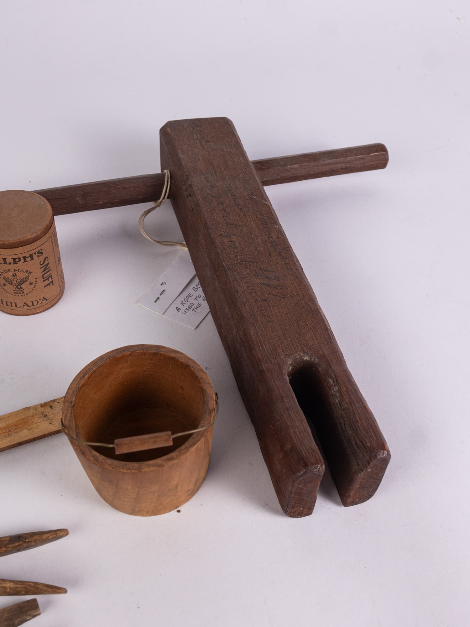 Grouping of Early Primitive Wood Articles ft. 18th c. Rope Bed Key & Sweet Grass Comb - 5
