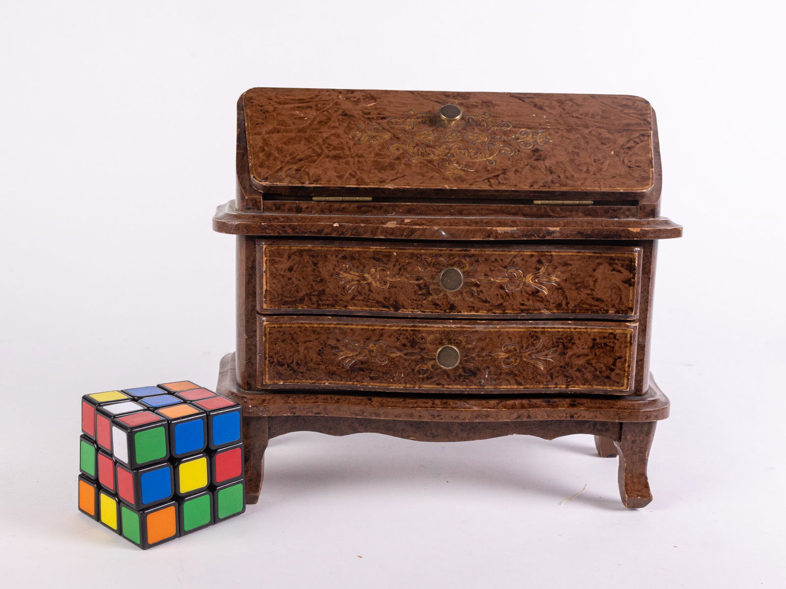 Vintage Doll Sized Secretary Desk with Faux Leather Wrap Painted Grain - 2
