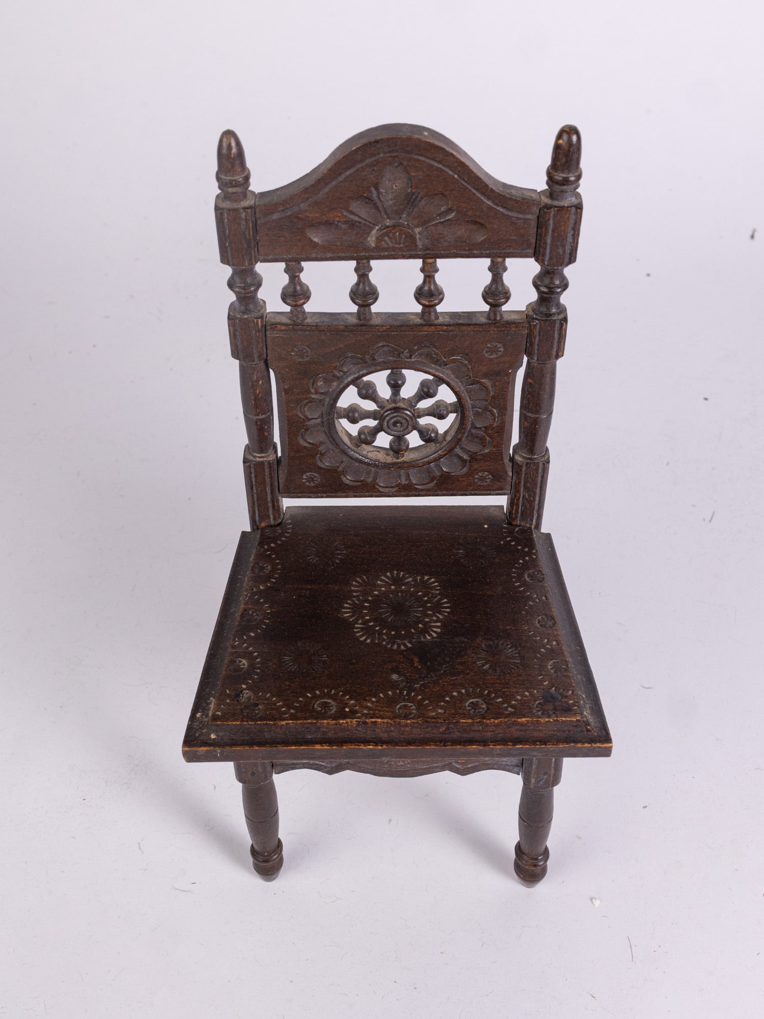 Antique Ornately Carved Wooden Doll Dining Chair - 3
