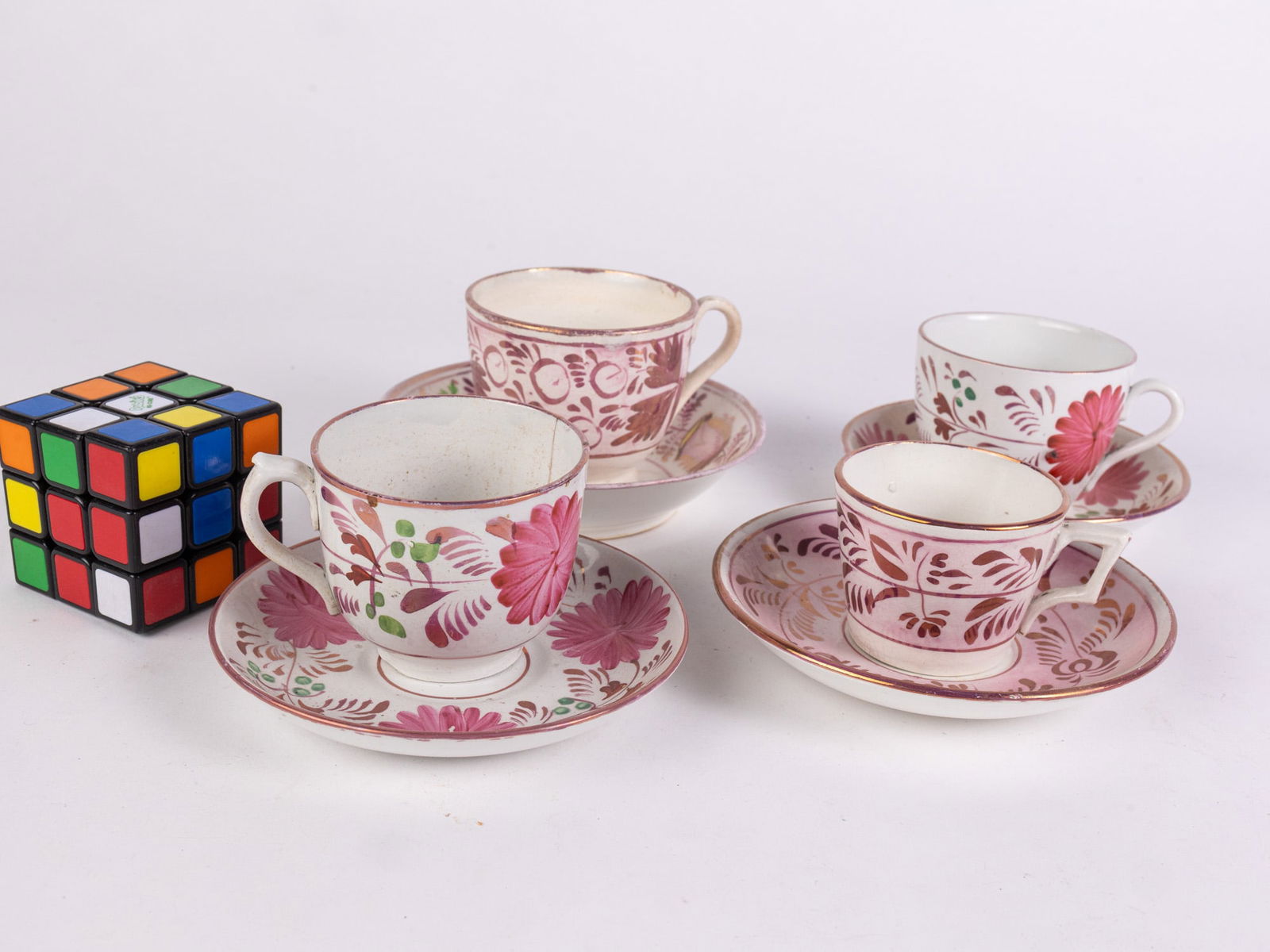 Grouping of Antique Early Sunderland Attr Pink Luster Cups & Saucers - 2