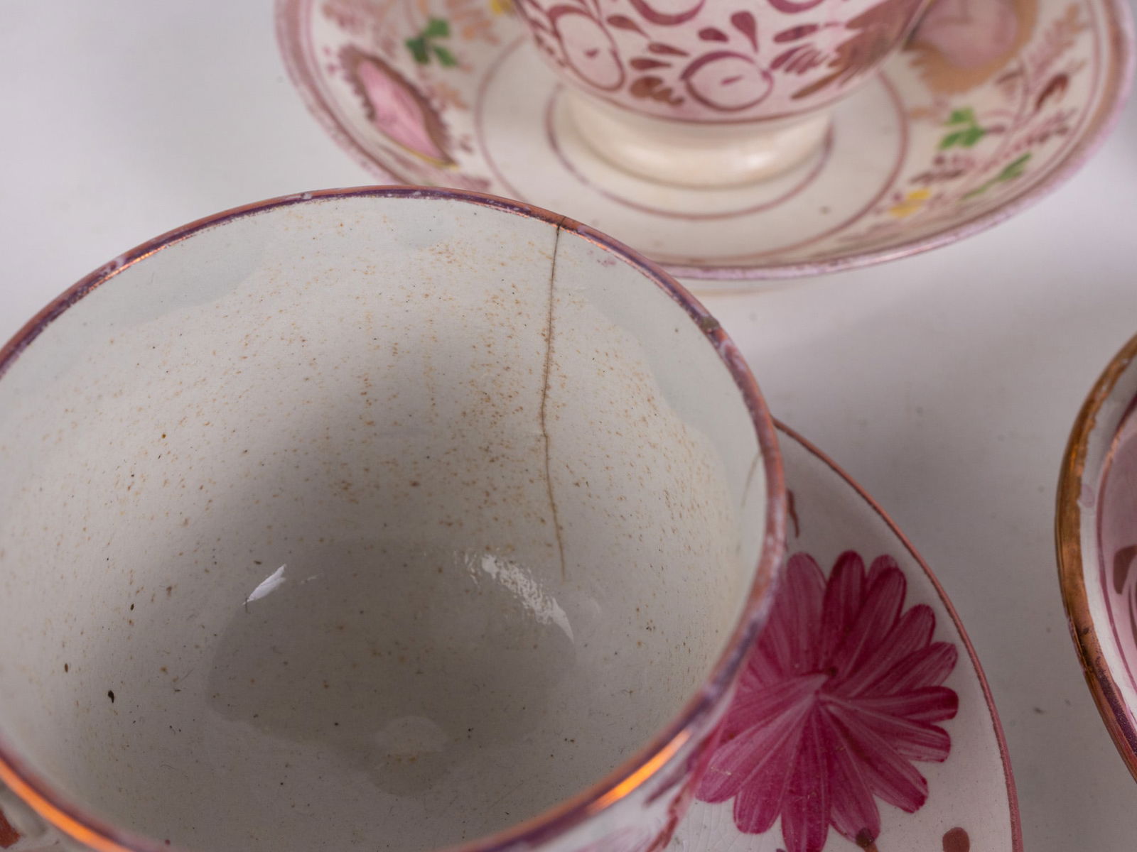 Grouping of Antique Early Sunderland Attr Pink Luster Cups & Saucers - 3