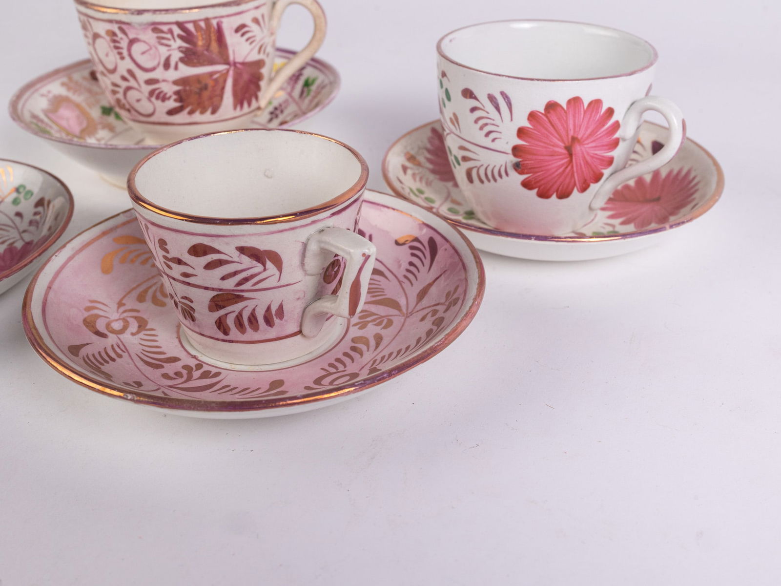 Grouping of Antique Early Sunderland Attr Pink Luster Cups & Saucers - 5