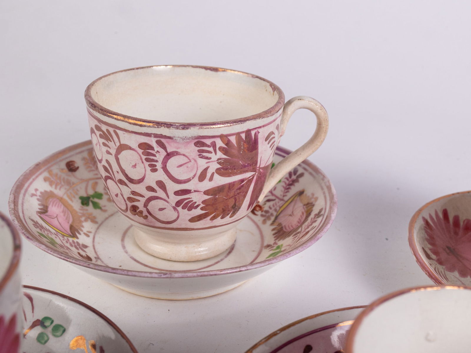 Grouping of Antique Early Sunderland Attr Pink Luster Cups & Saucers - 6