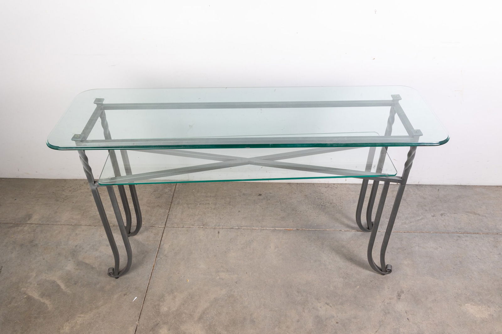 Glass & Wrought Iron 2-Tier Console Table w/ Scroll Legs - 2