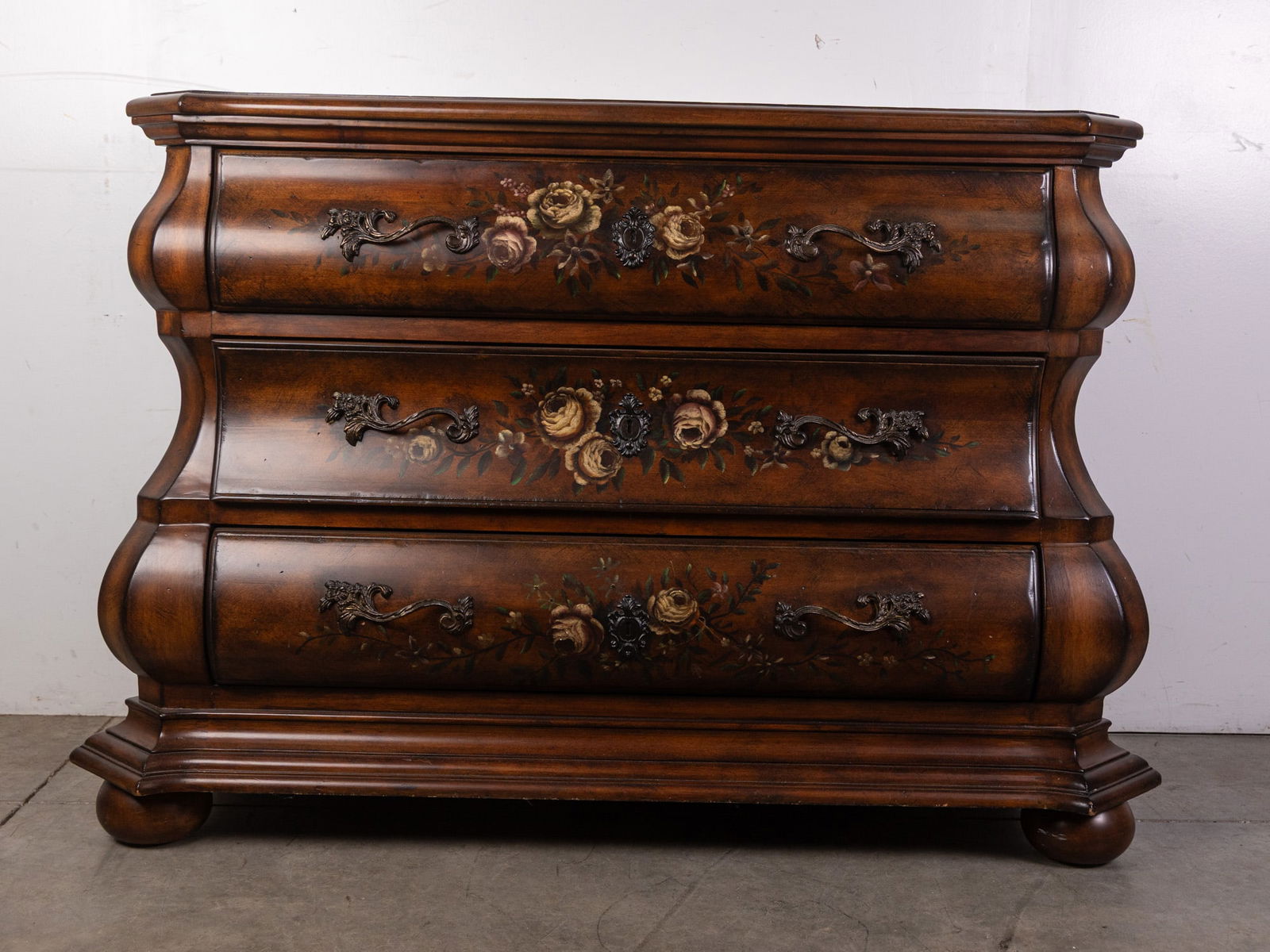 Ethan Allen "Tuscany" Paint Decorated Serpentine Bombe Chest: Ethan Allen "Tuscany" Paint Decorated Serpentine Bombe ChestSize35" x 45" x 18"LiteratureBrooks Auction – Online Auction Terms & Conditions Contact: (856) 694-2960 | info@brooks.auction READ