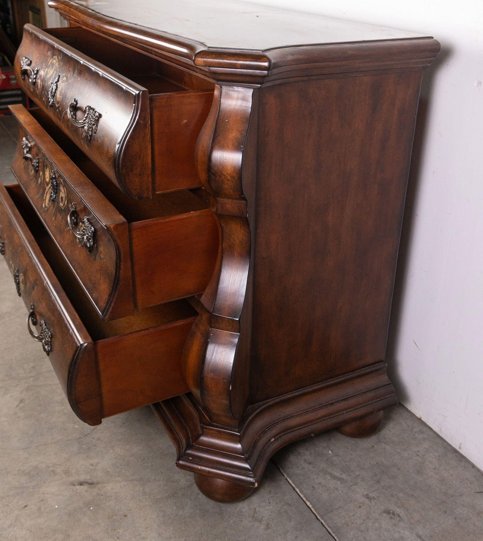 Ethan Allen "Tuscany" Paint Decorated Serpentine Bombe Chest - 4