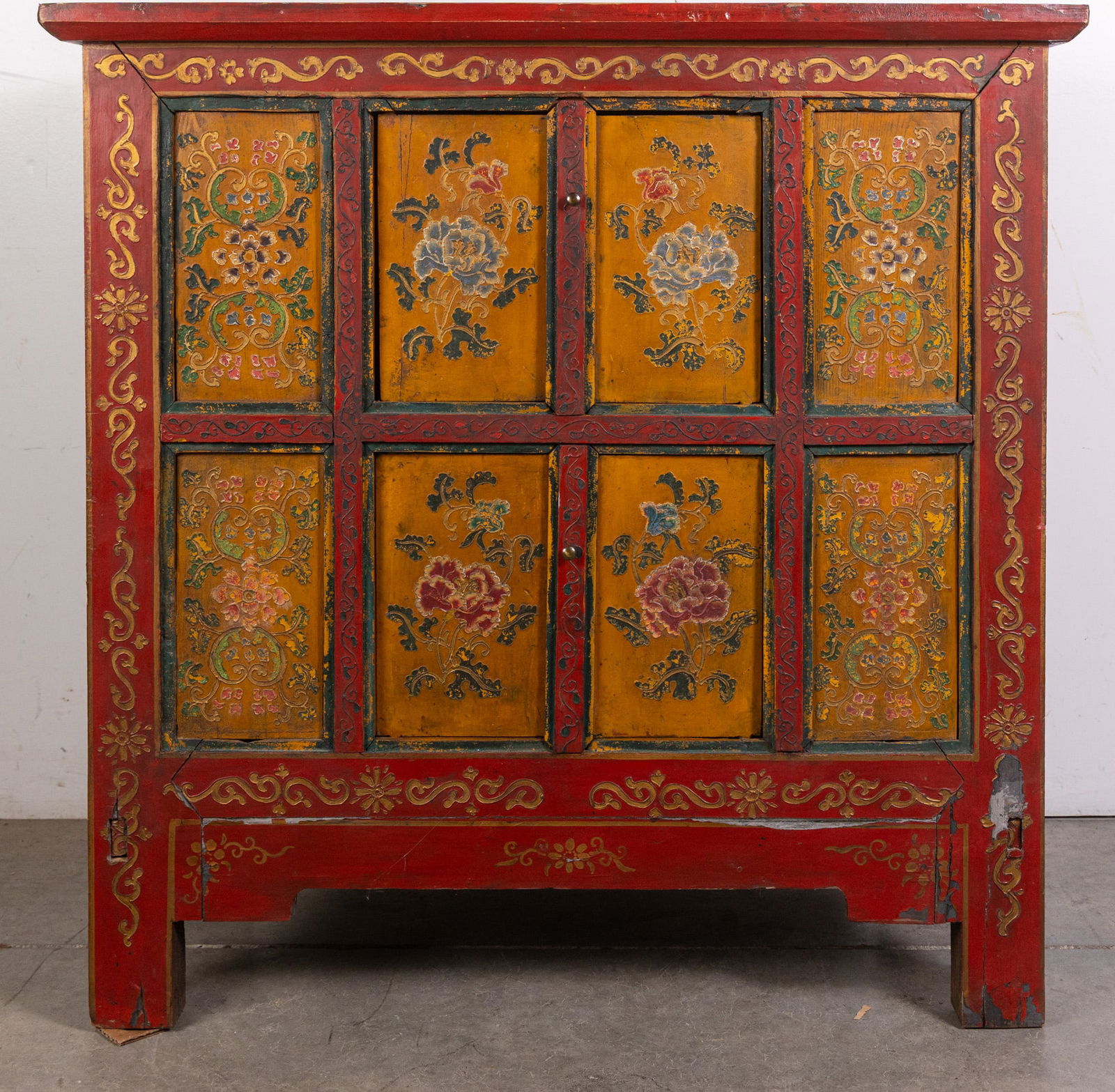 Hand Painted Floral Tibetan Style Vintage Wooden Cabinet: Hand Painted Floral Tibetan Style Vintage Wooden Cabinet, Gorgeous cabinet hand painted with intricate floral designs, reminiscent of Tibetan style cabinetry that would make a great statement piece