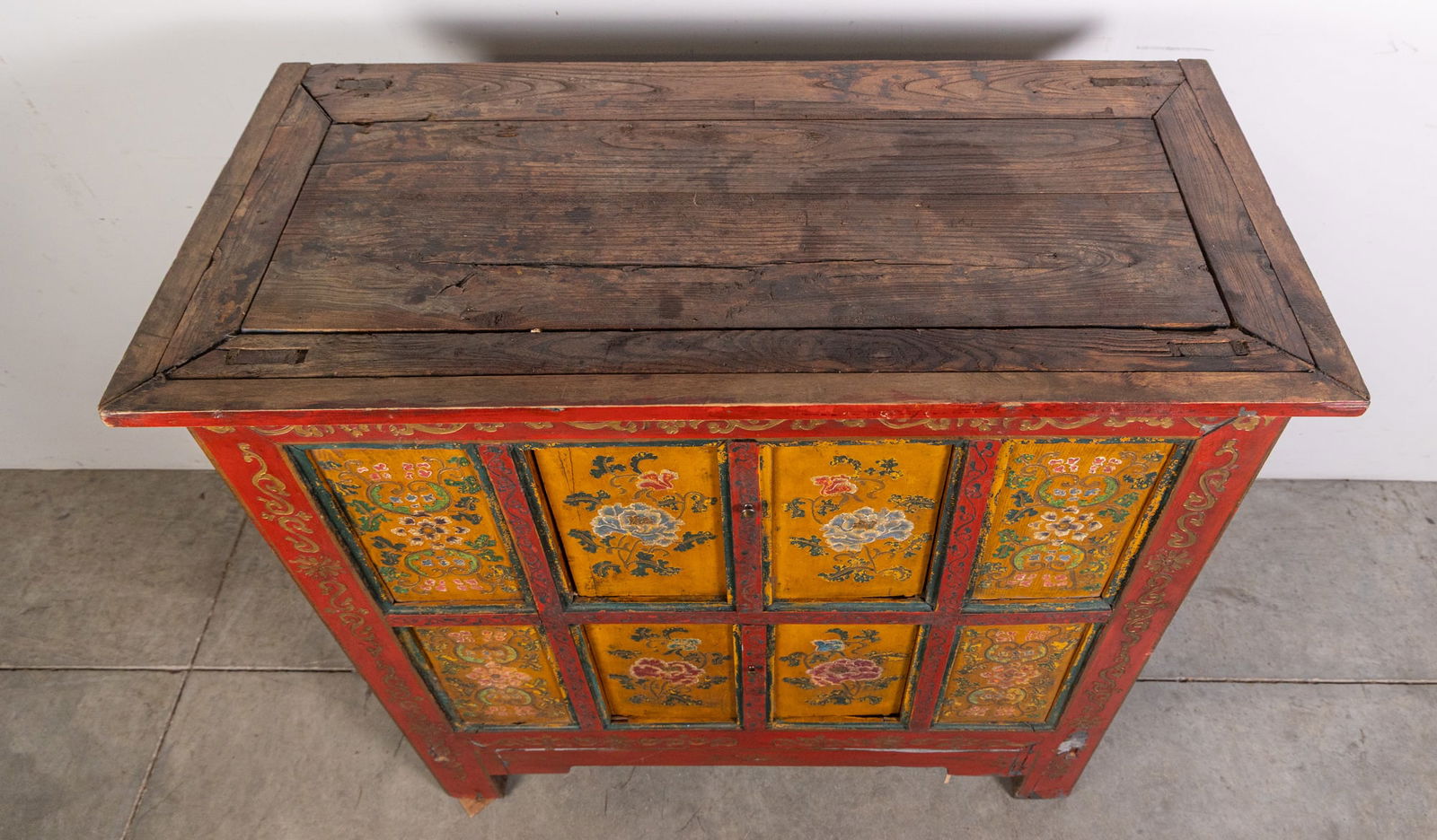 Hand Painted Floral Tibetan Style Vintage Wooden Cabinet - 2