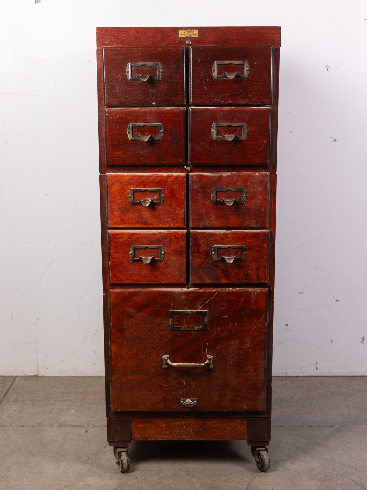 Antique "Physicians' Record Co" Cherry Nine-Drawer Rolling Cabinet (1 of 7)