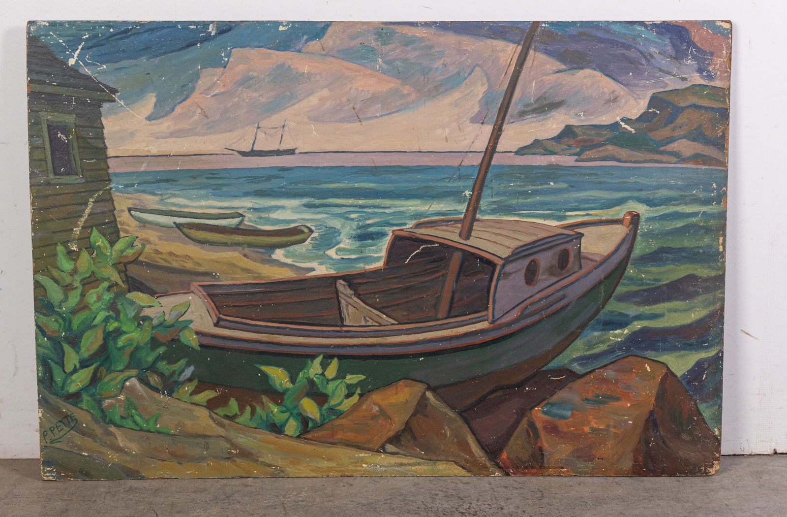 Original Oil on Board Signed P. Pette: Original Oil on Board Signed P. Pette, This original oil painting features a stylized sailboat resting on a sandy shore with a purple sky and jagged rock formations in the background. It likely dates
