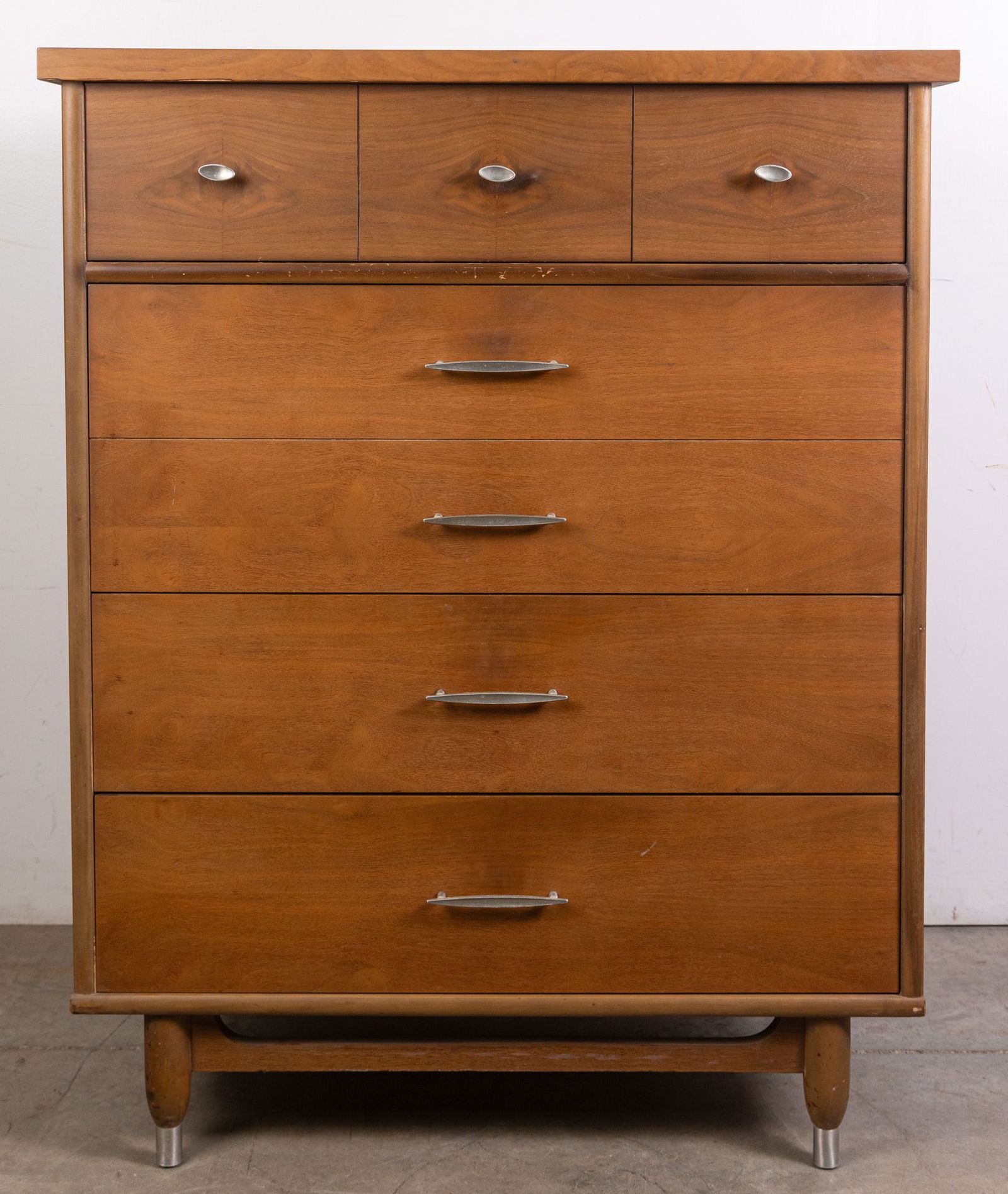 Vintage Mid Century Modern High Chest w/ Chrome Accents: Vintage Mid Century Modern High Chest w/ Chrome AccentsLiteratureBrooks Auction – Online Auction Terms & Conditions Contact: (856) 694-2960 | info@brooks.auction READ BEFORE YOU BID: We want