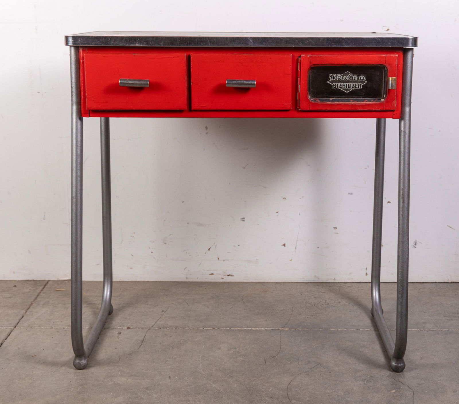 Helene Curtis Vintage Mid Century Modern Beauty Parlor Vanity Table: Helene Curtis Vintage Mid Century Modern Beauty Parlor Vanity Table, This funky red and chrome table likely originates from a mid century beauty parlor. Would make a great vanity table or kitchen
