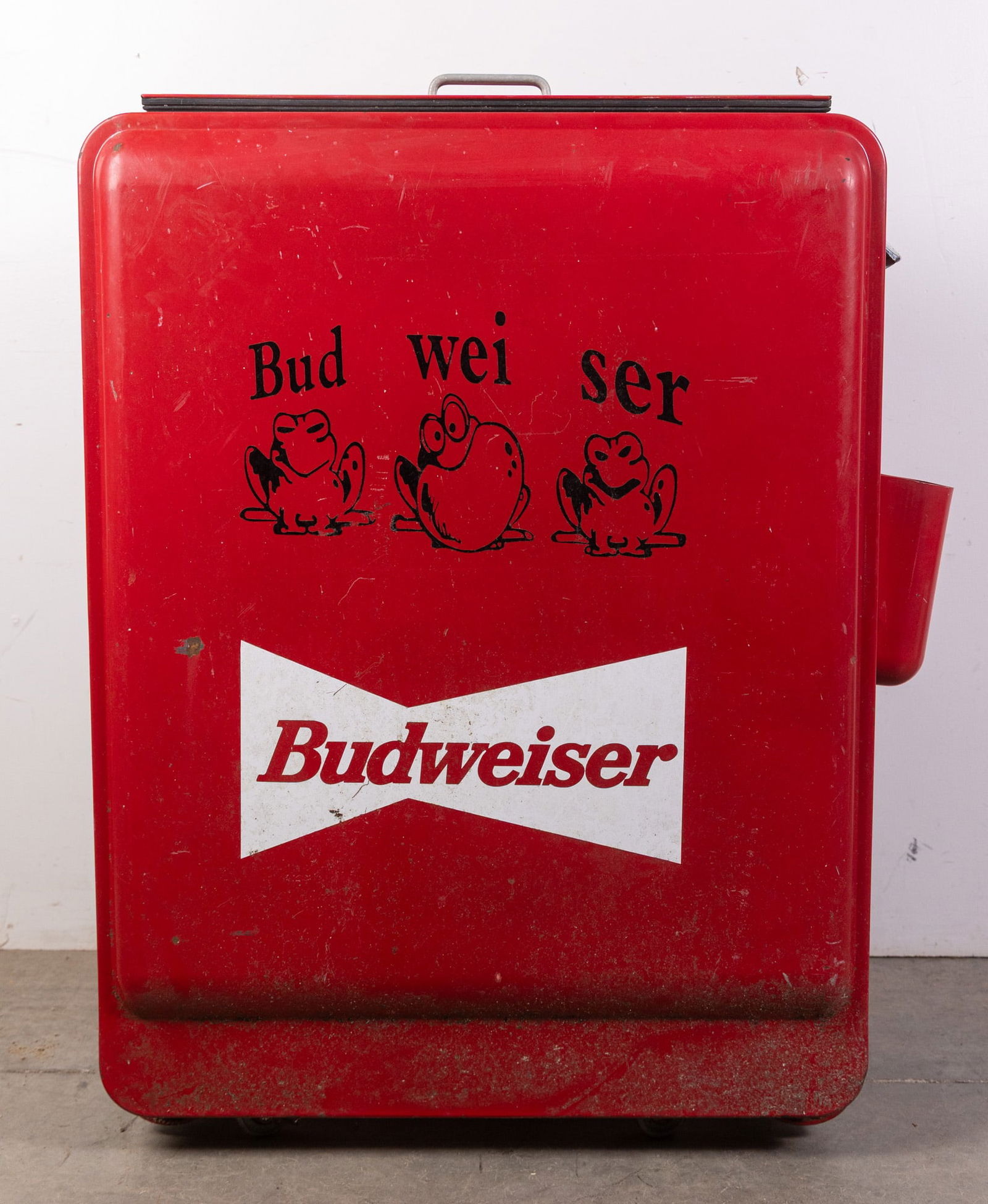 Vintage Budweiser Cooler Featuring Budweiser Bullfrogs: Vintage Budweiser Cooler Featuring Budweiser Bullfrogs, Vintage red standing metal cooler, featuring the Budweiser logo and the iconic Budweiser bullfrogs. Likely dates to the 1990's. Lid has come