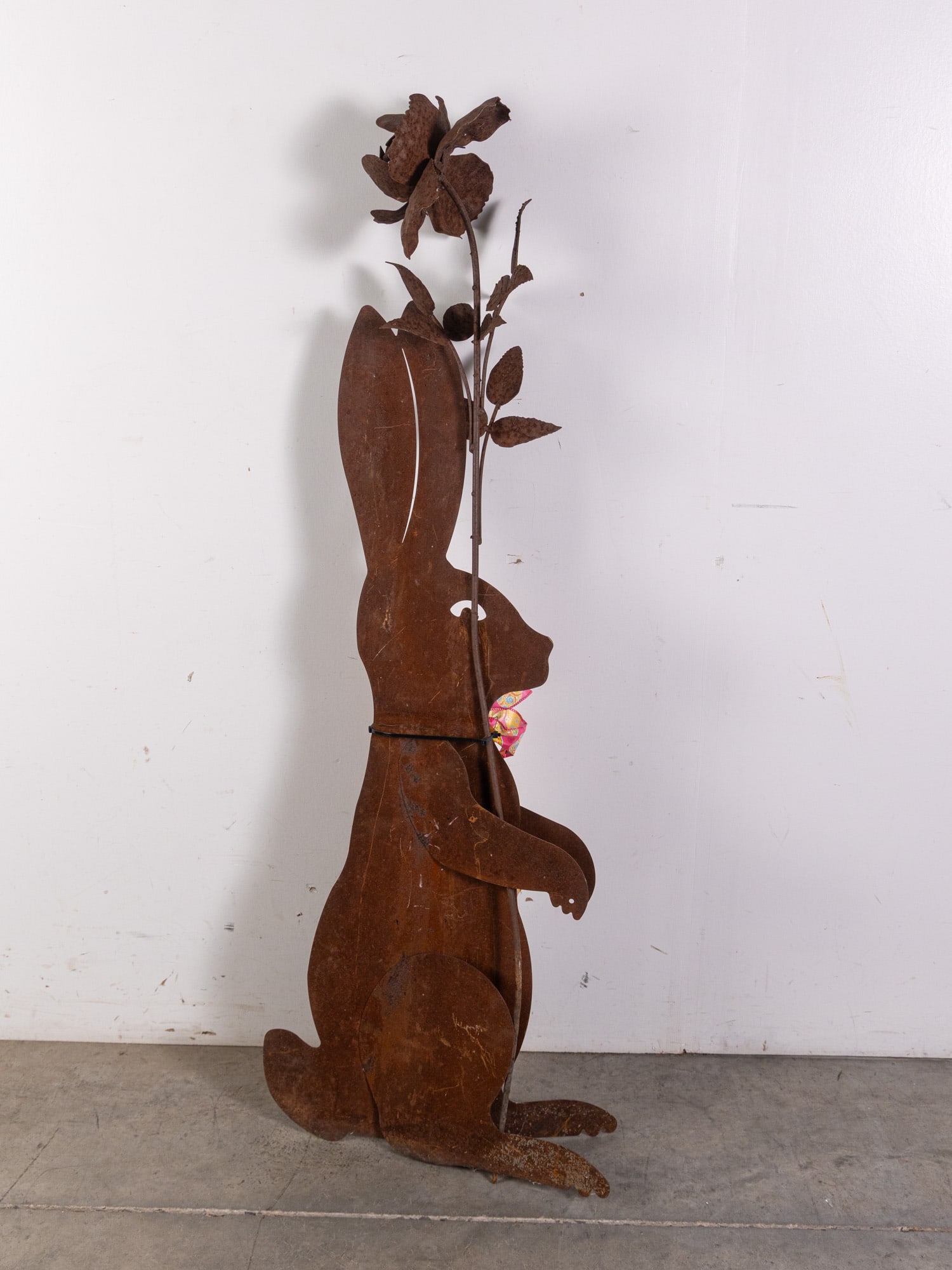 Folk Art Metal Rabbit Silhouette with Rose Sculpture - 5