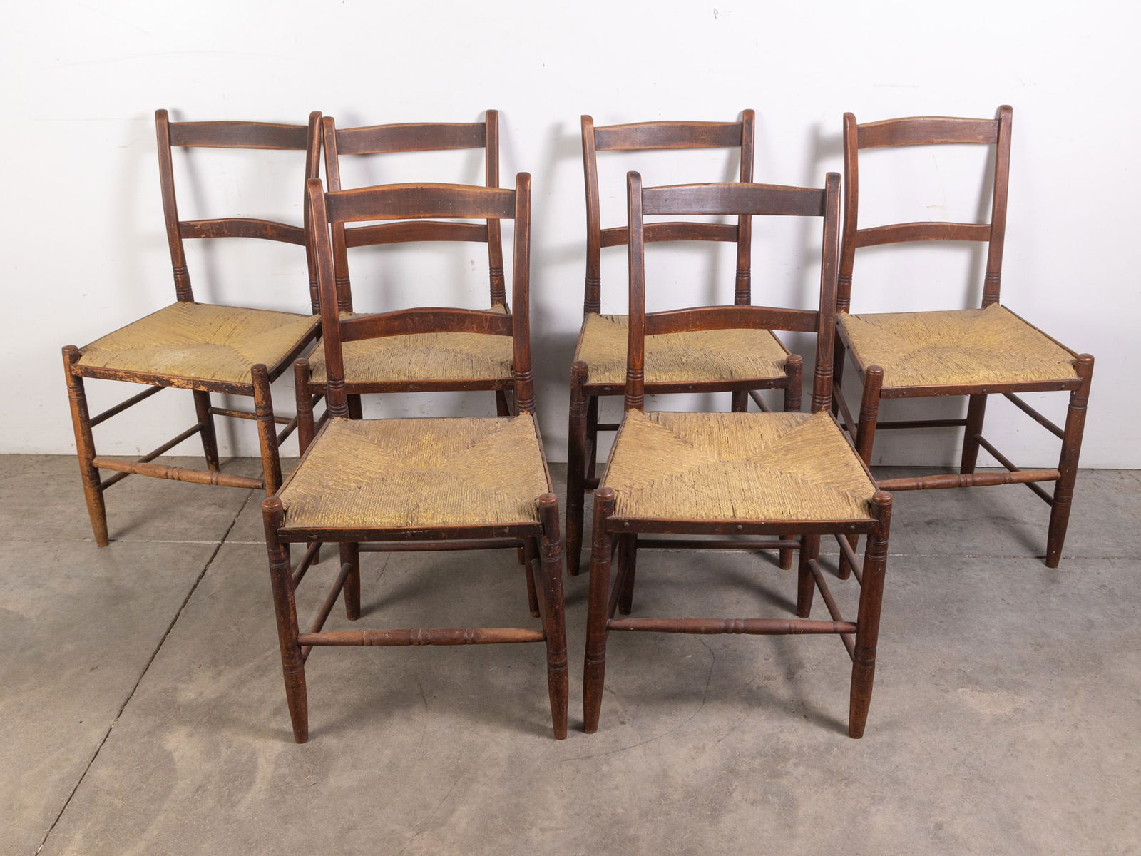 Set of Six Antique Early Primitive Rush Seat Ladder-Back Chairs (1 of 7)