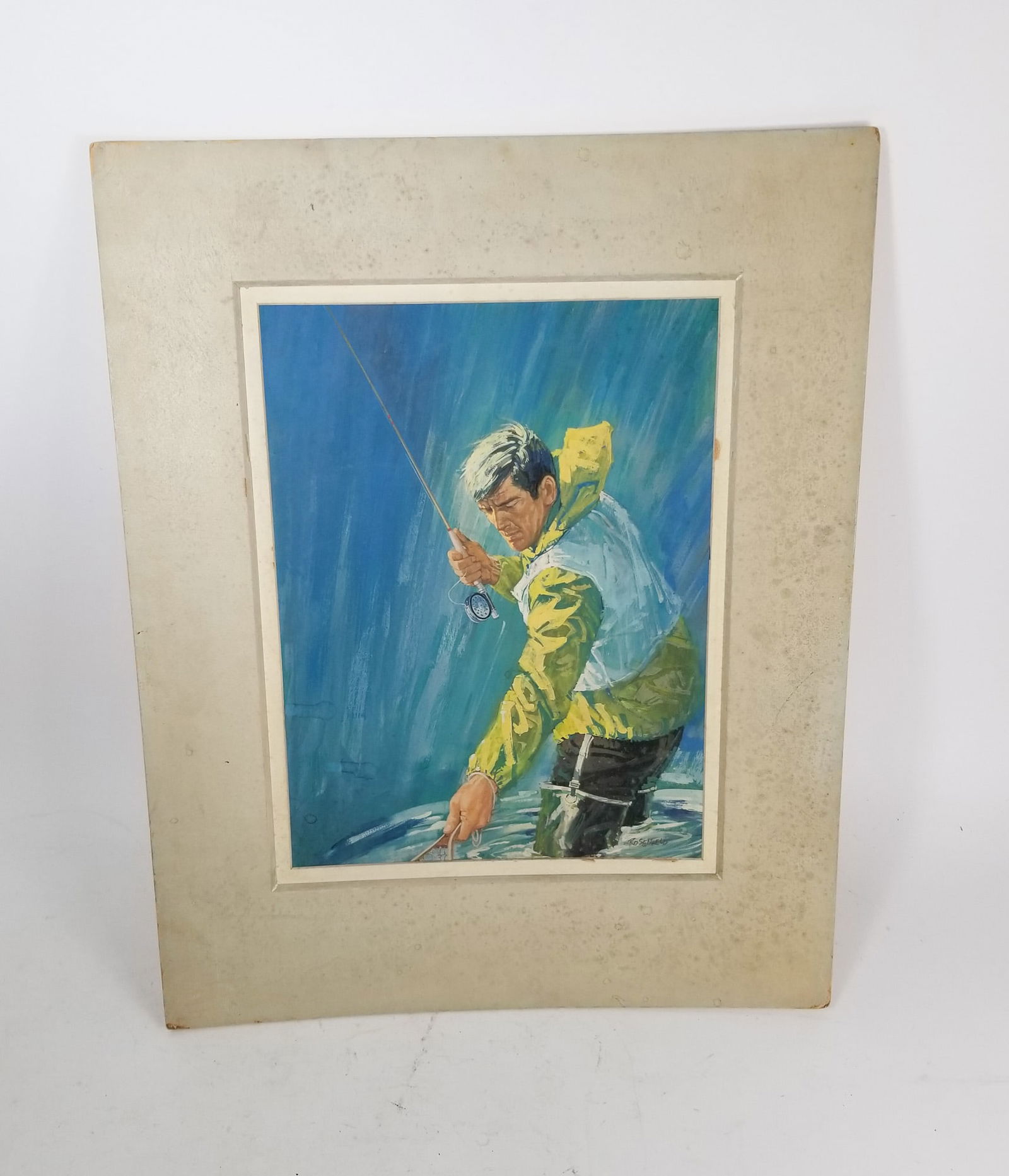 Original Artwork by Mort Rosenfeld: Original Artwork by Mort Rosenfeld: Original oil painting on board of a fisherman reeling in a catch, painted in a semi-realistic style. Signed by the artist in lower right hand corner.