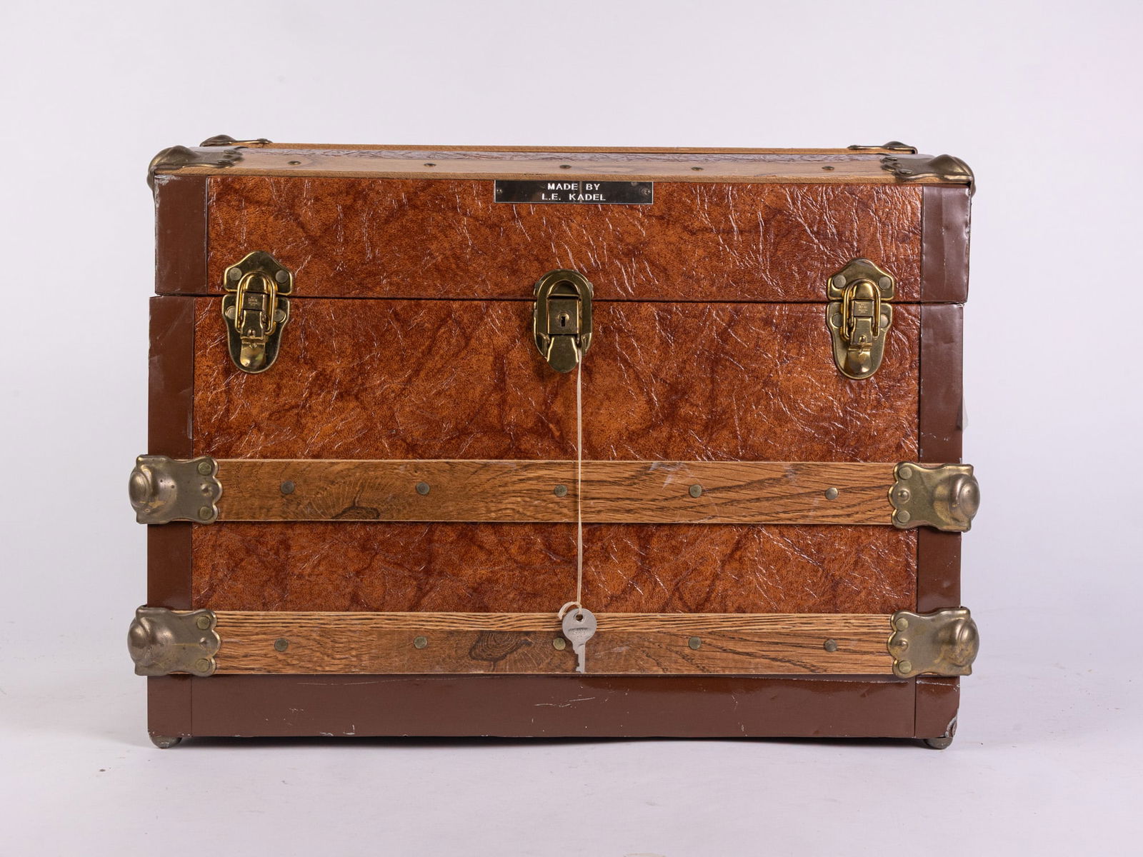 Vintage Leather Wrapped Doll Sized Trunk Made by L.E. Kadel (1 of 8)