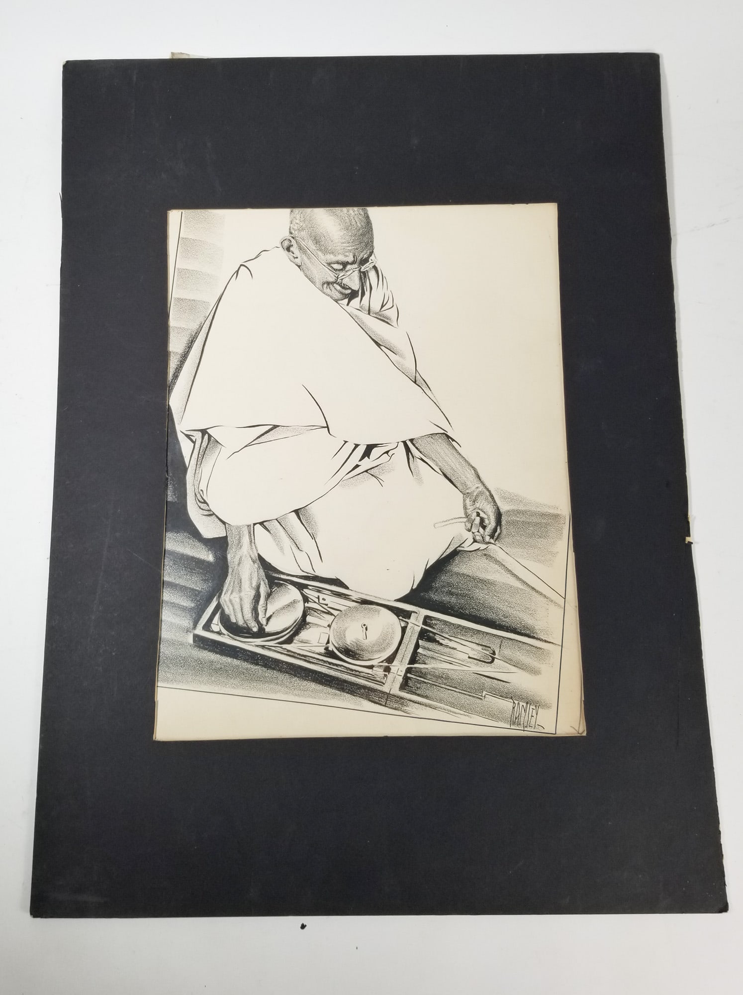 Original Artwork of Mahatma Gandhi Signed "Ramsey": Original Artwork of Mahatma Gandhi Signed "Ramsey", Original pencil and ink illustration of Mahatma Gandhi, signed "Ramsey" in lower right hand corner. Dated Sep 27 1937 on back of illustration. Unfra