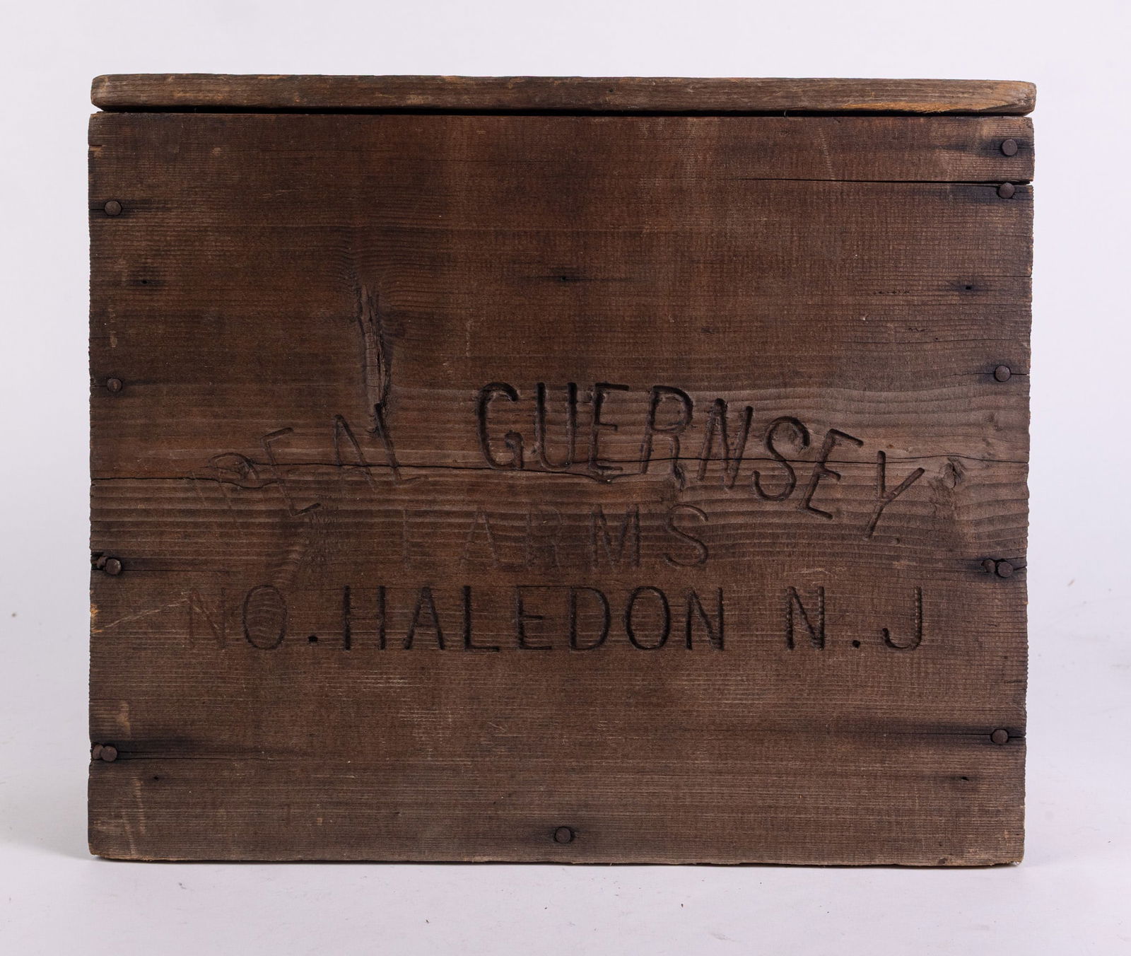 "Ideal Guernsey Farms, No. Halendon, N.J" Vintage Wooden Box: "Ideal Guernsey Farms, No. Halendon, N.J" Vintage Wooden Box, Small vintage wooden box with ""Ideal Guernsey Farms, No. Halendon, N.J" stamped into front. Possibly a letterbox, lid is attached by