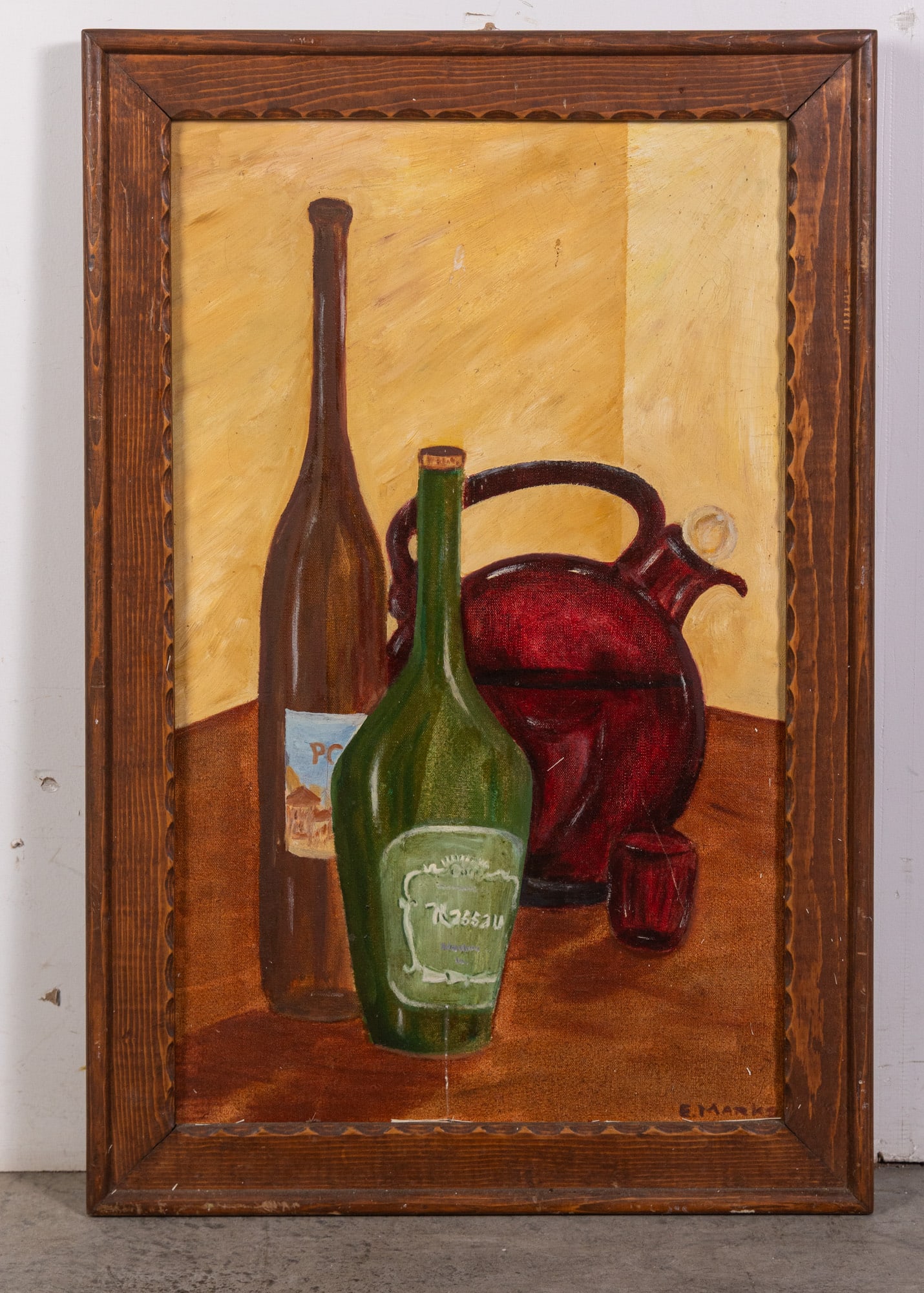 Framed Original Still Life Oil Painting Signed E. Marks: Framed Original Still Life Oil Painting Signed E. Marks, Original oil painting of wine bottles and a kettle against yellow background. Wood Frame. Signed E. Marks in lower right hand corner.Size31" x