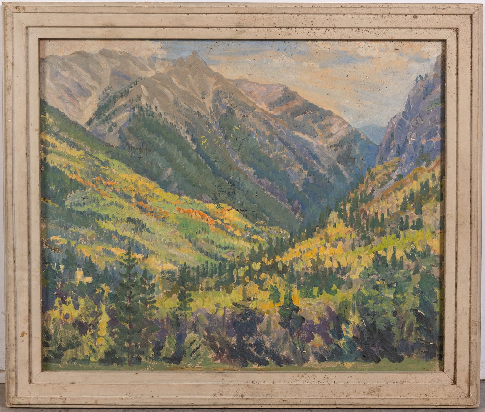 Impressionistic Original Oil Painting of a Landscape: Impressionistic Original Oil Painting of a Landscape, Original oil painting done in an impressionistic style of a lush valley surrounded by high mountains. Unsigned by the artist, white wood