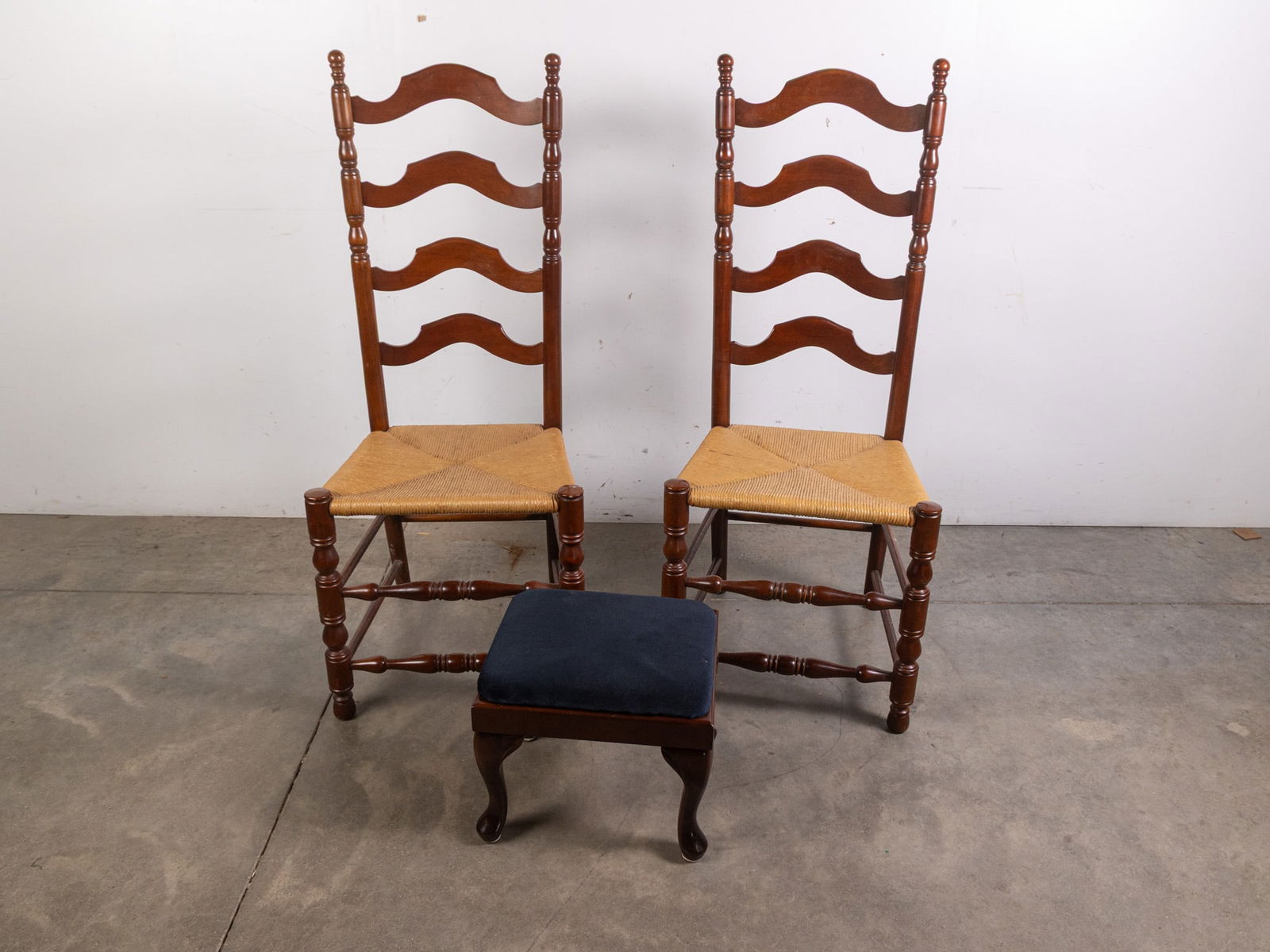 Two Ladderback Rush Seat Chairs and Upholstered Footstool (1 of 5)