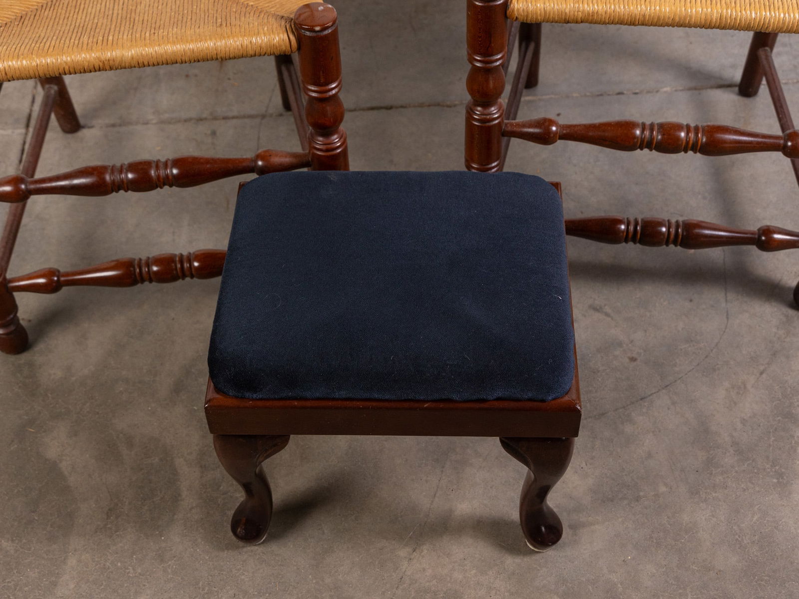 Two Ladderback Rush Seat Chairs and Upholstered Footstool - 2