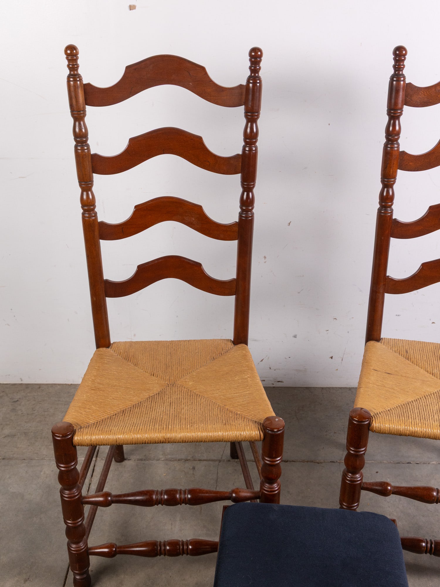 Two Ladderback Rush Seat Chairs and Upholstered Footstool - 3