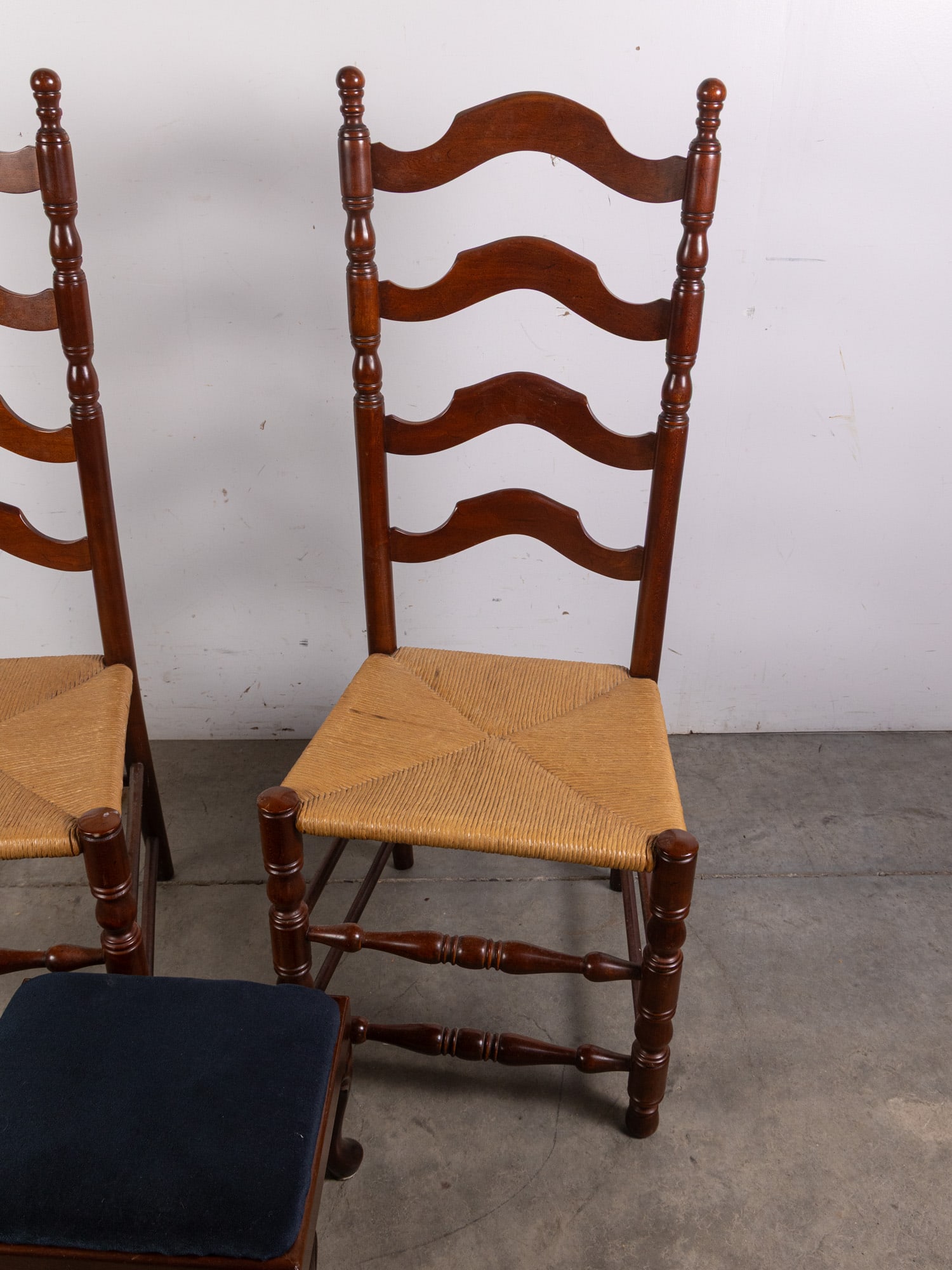 Two Ladderback Rush Seat Chairs and Upholstered Footstool - 4