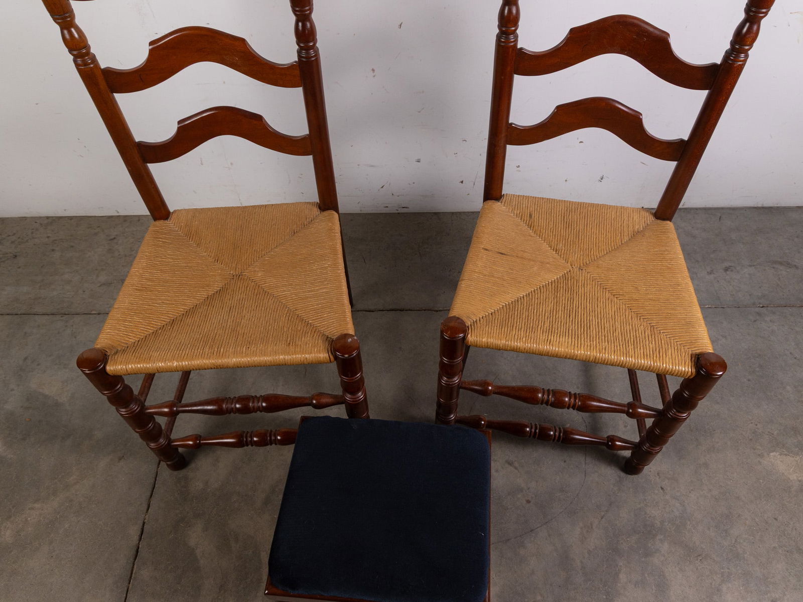 Two Ladderback Rush Seat Chairs and Upholstered Footstool - 5