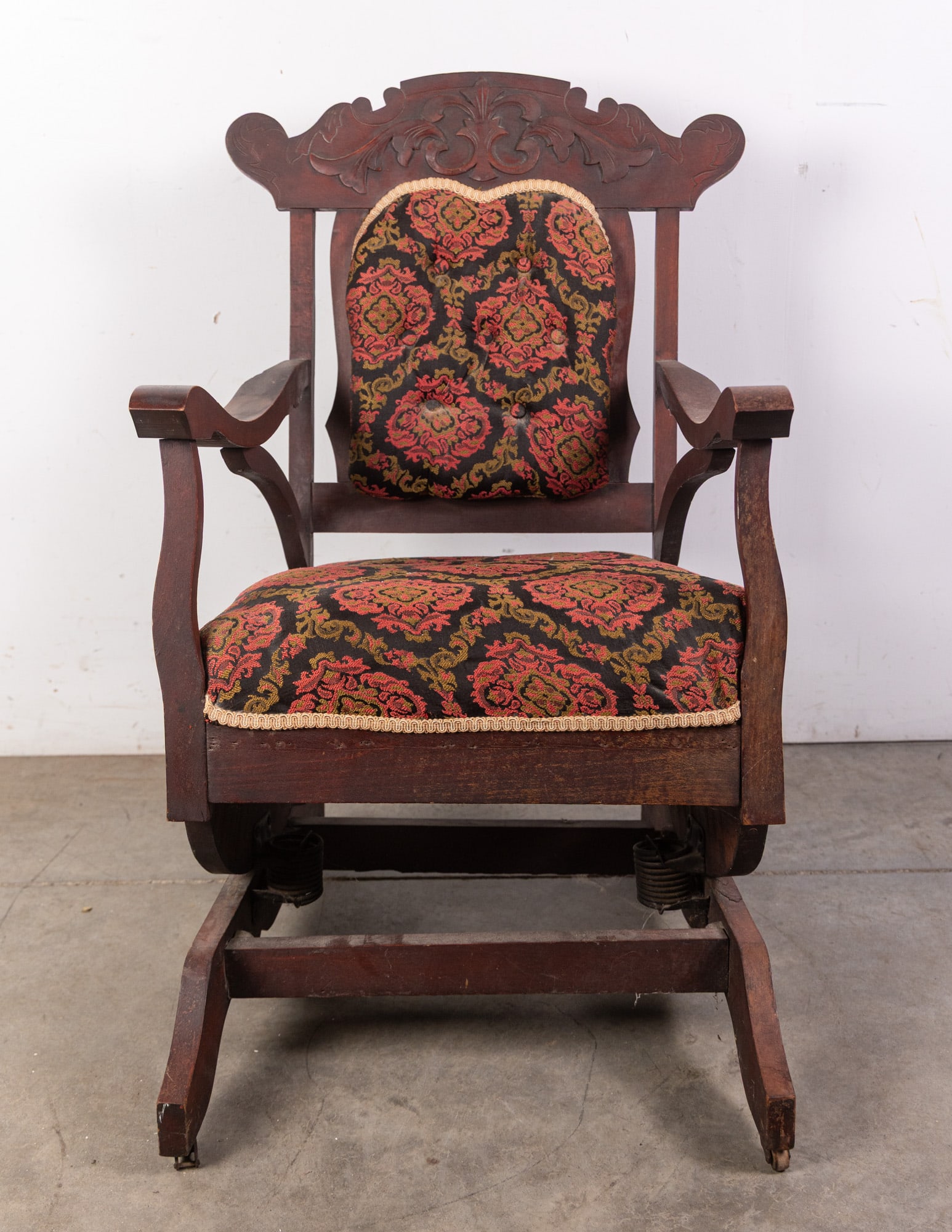 Antique Rocking Chair with Floral Upholstery: Antique Rocking Chair with Floral UpholsterySize34" HLiteratureBrooks Auction – Online Auction Terms & Conditions Contact: (856) 694-2960 | info@brooks.auction READ BEFORE YOU BID: We want you