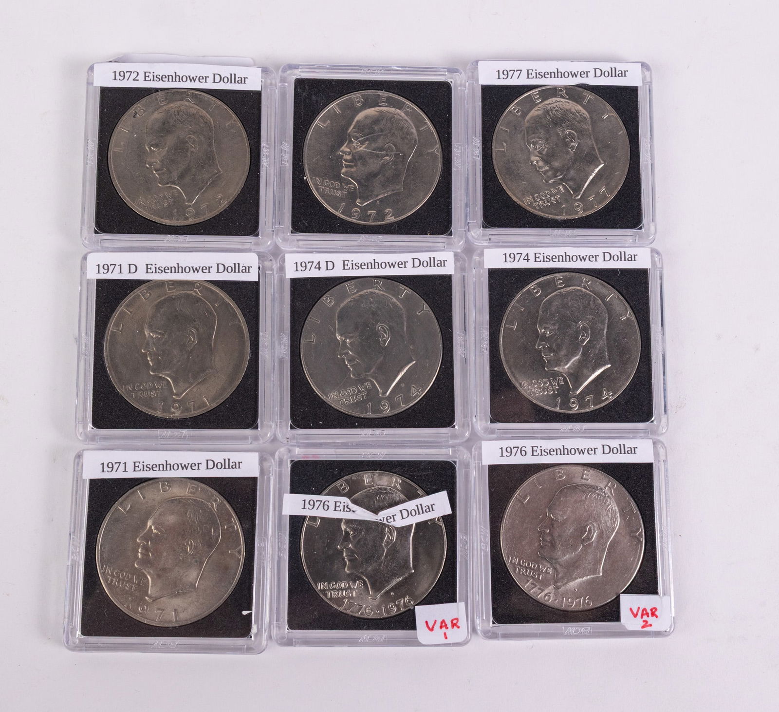 9 Eisenhower Dollars 1971+1971-D, 1972+1972-D, 1974+1974-D,2x1972, 1977: 9 Eisenhower Dollars 1971+1971-D, 1972+1972-D, 1974+1974-D,2x1972, 1977LiteratureBrooks Auction – Online Auction Terms & Conditions Contact: (856) 694-2960 | info@brooks.auction READ BEFORE YOU