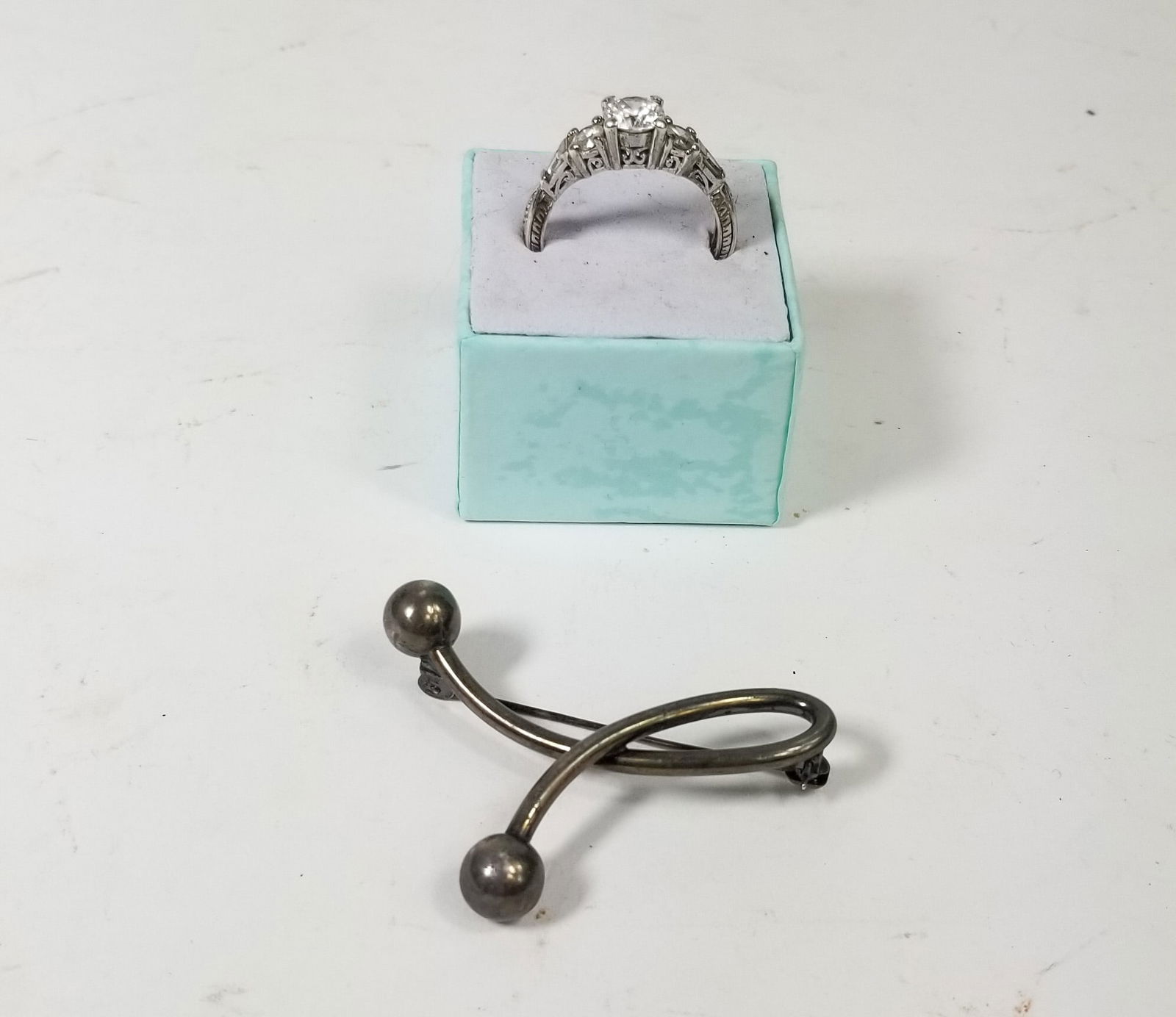 Korean Sterling Silver RIng WIth Brilliant stones W/ a VIntage Modernist Design Pin: Korean Sterling Silver RIng WIth Brilliant stones W/ a VIntage Modernist Design Pin, Ring Stamped 925 CZ and KoreaS Pin Stamped Sterling