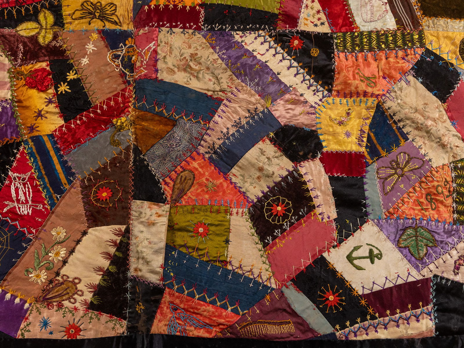 Davis Family, American 1892 Crazy Quilt and 1932 Sampler - 4