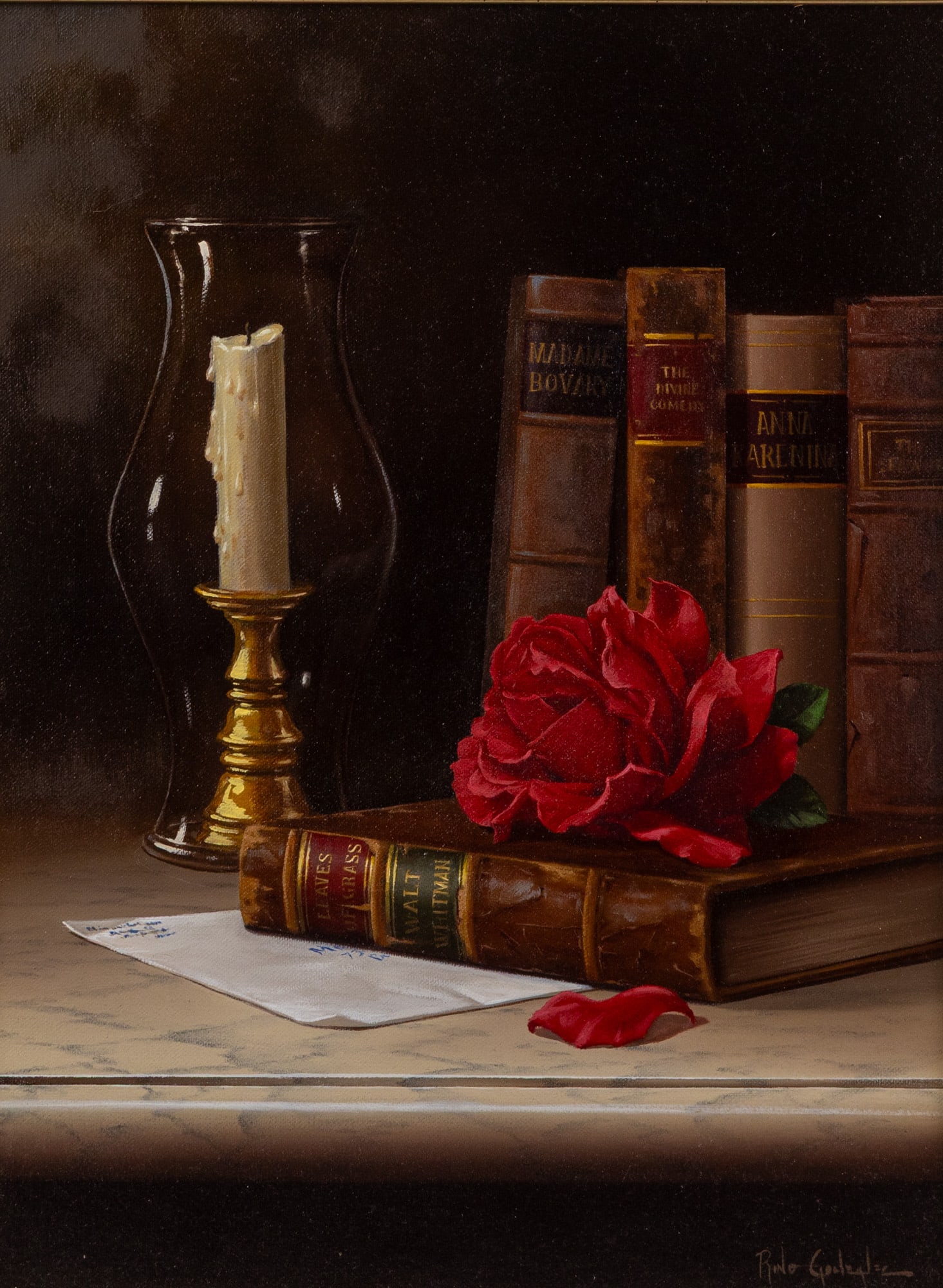 Rino Gonzales | "One Red Rose" Still Life, Oil on Canvas: This striking still life showcases a desk decorated with an unopened or unsent letter, an unlit candle, assorted classical literature and a rose soon to succumb to wither. Housed in an ornate gold fra