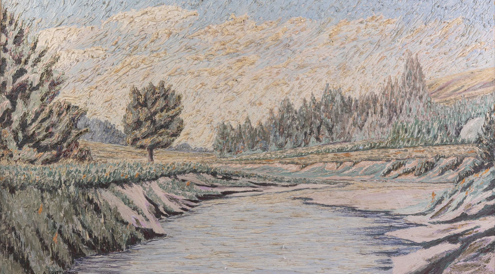 Alexis Gritchenko Attr. (1883-1977) | Original Oil on Canvas: Alexis Gritchenko was a prominent early 20th century Ukrainian painter and art theorist who worked in watercolor and oil pastel. This piece depicts a idyllic landscape featuring a wide, calm