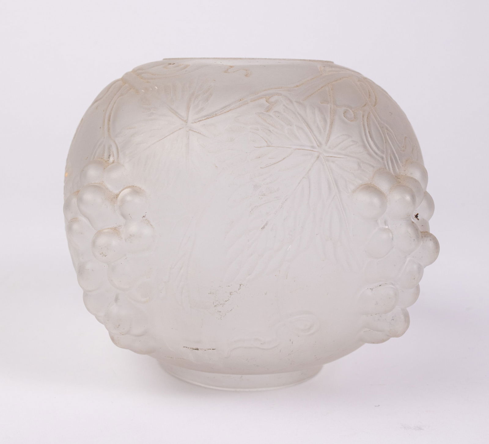 René Lalique | "Raisins" Perfume Burner, Frosted Glass Globe: Not only a piece by the celebrated early 20th century glassmaker René Lalique but a unique relic of its time, this elegant glass globe was once part of a "perfume burner", a device created